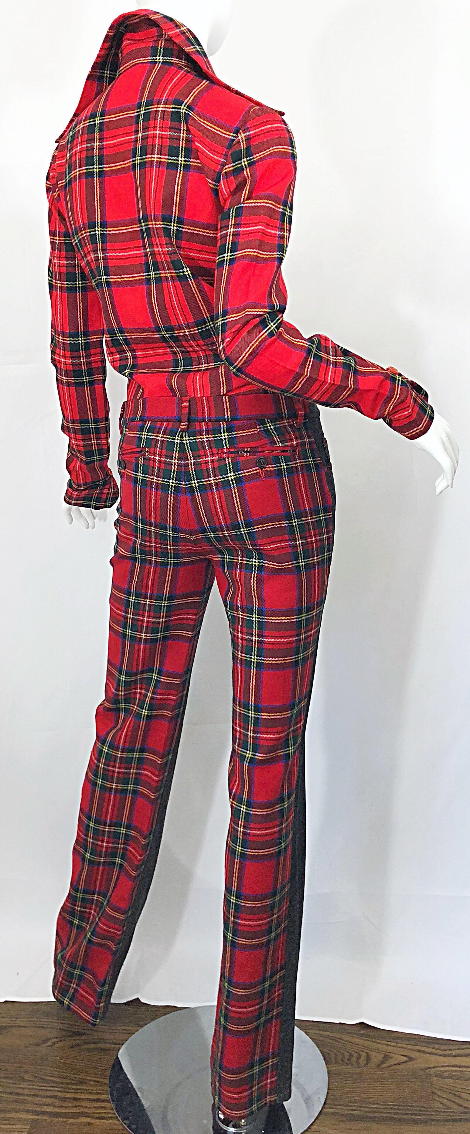 Rare 1990s Dolce & Gabbana Red Tartan Plaid Wool + Denim Flared Jeans and Shirt For Sale 3