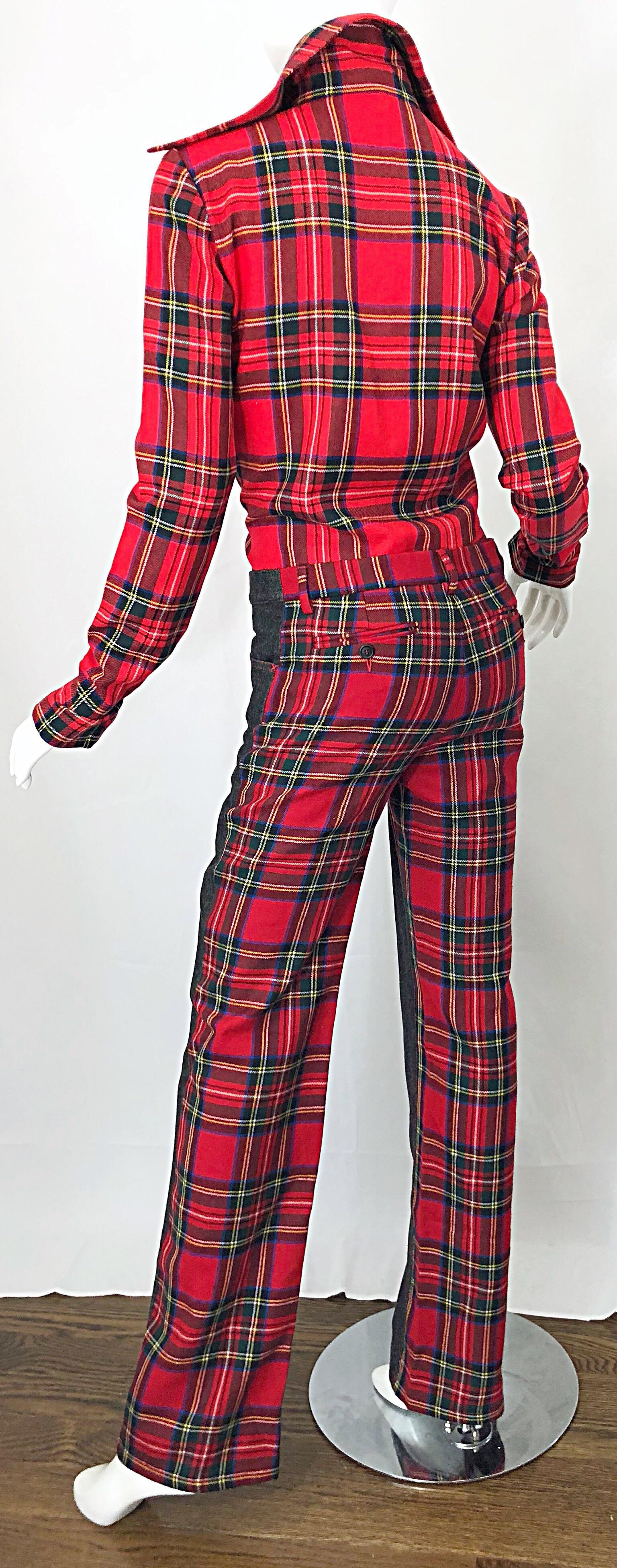 Rare 1990s Dolce & Gabbana Red Tartan Plaid Wool + Denim Flared Jeans and Shirt For Sale 4