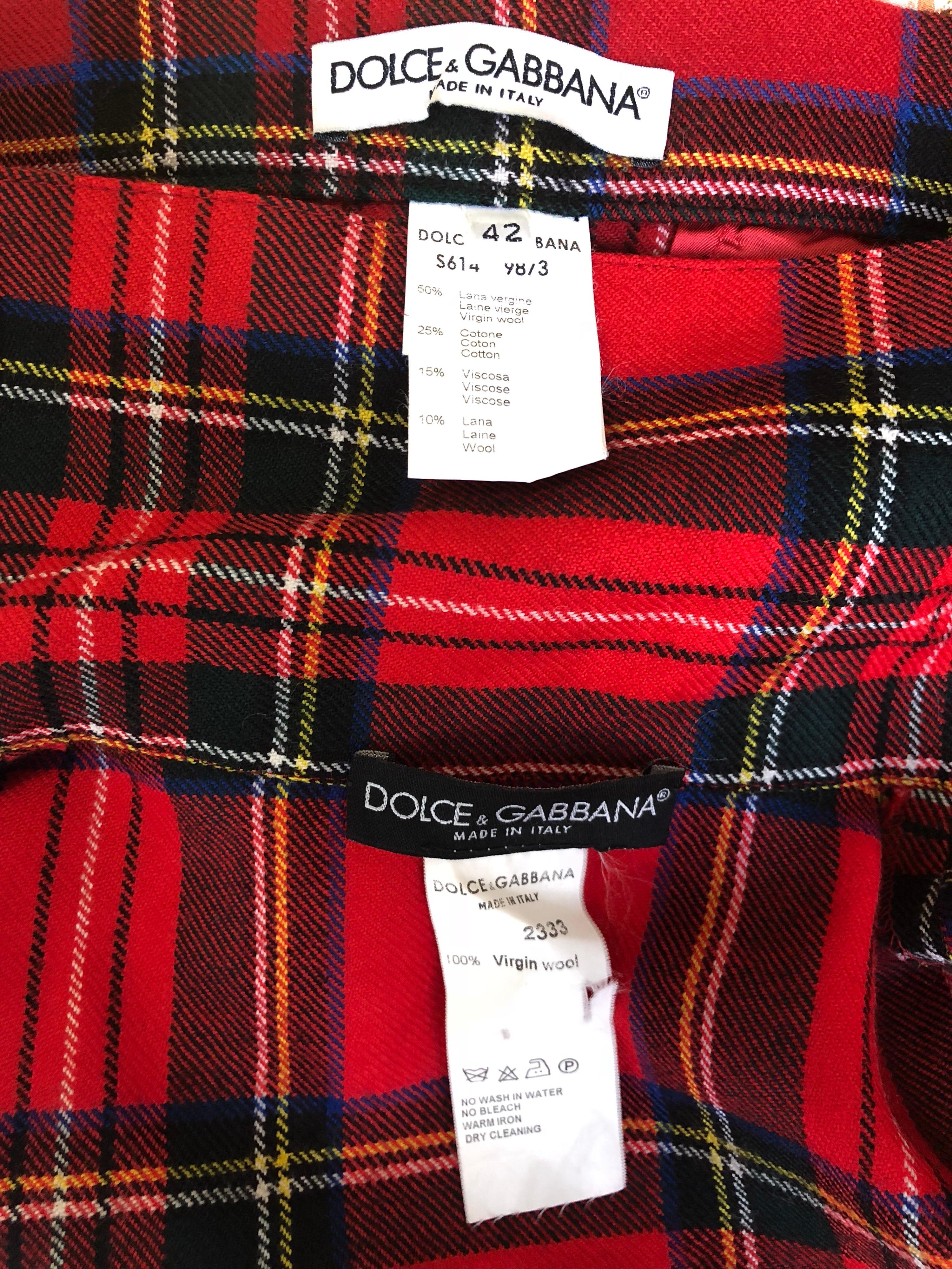 Rare 1990s Dolce & Gabbana Red Tartan Plaid Wool + Denim Flared Jeans and Shirt For Sale 5
