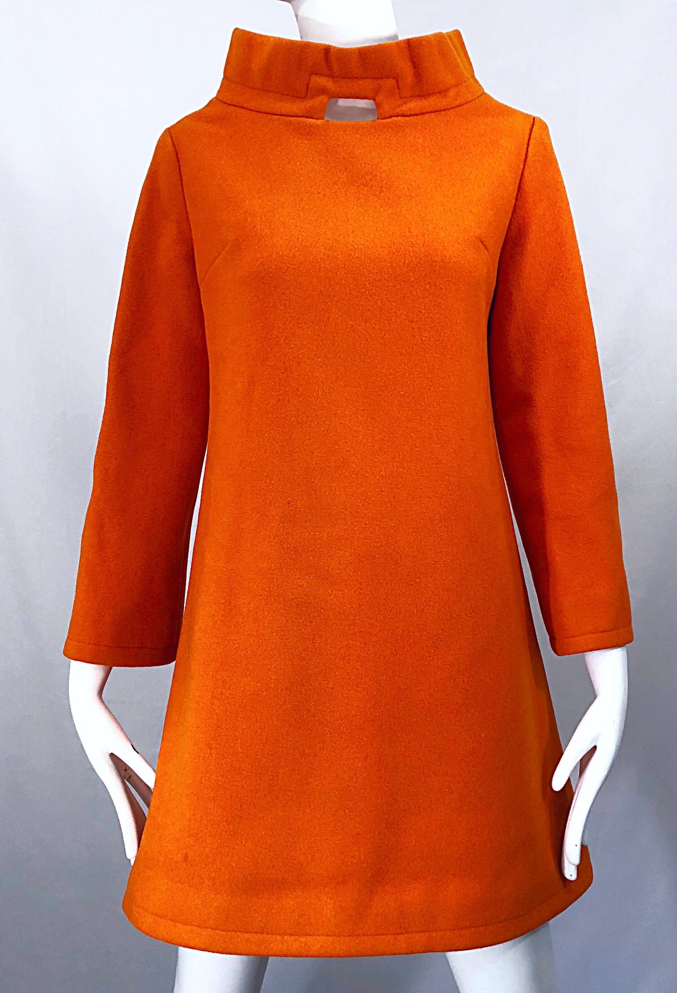 Red Chic 1960s Orange Wool Mod Space Age Cut Out A Line Vintage 60s Mini Dress Tunic