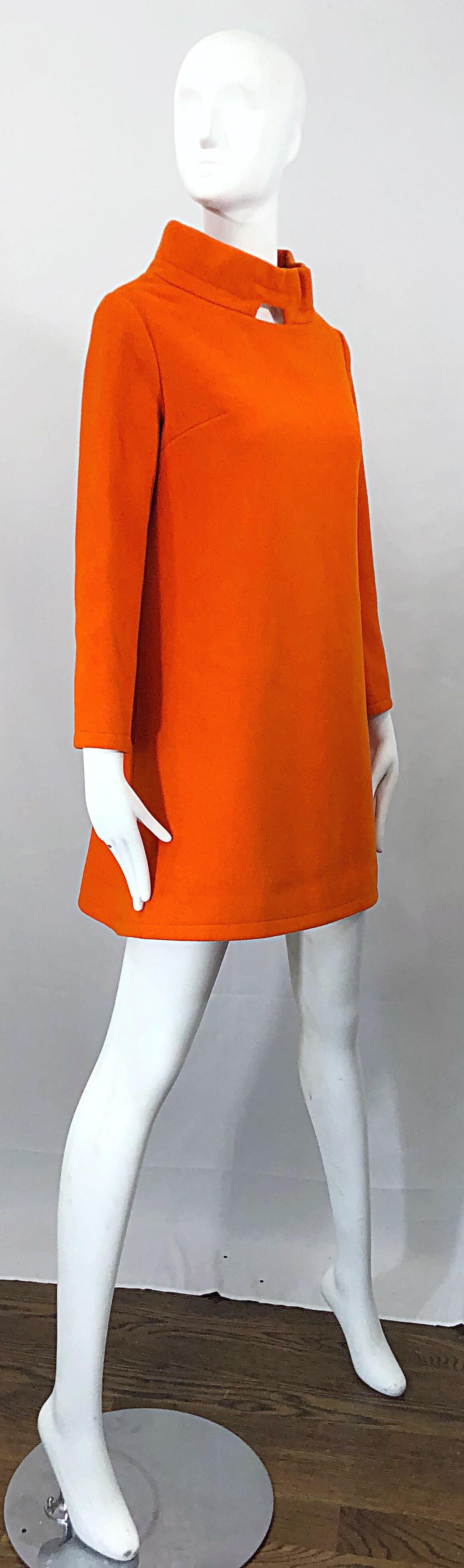 Women's Chic 1960s Orange Wool Mod Space Age Cut Out A Line Vintage 60s Mini Dress Tunic