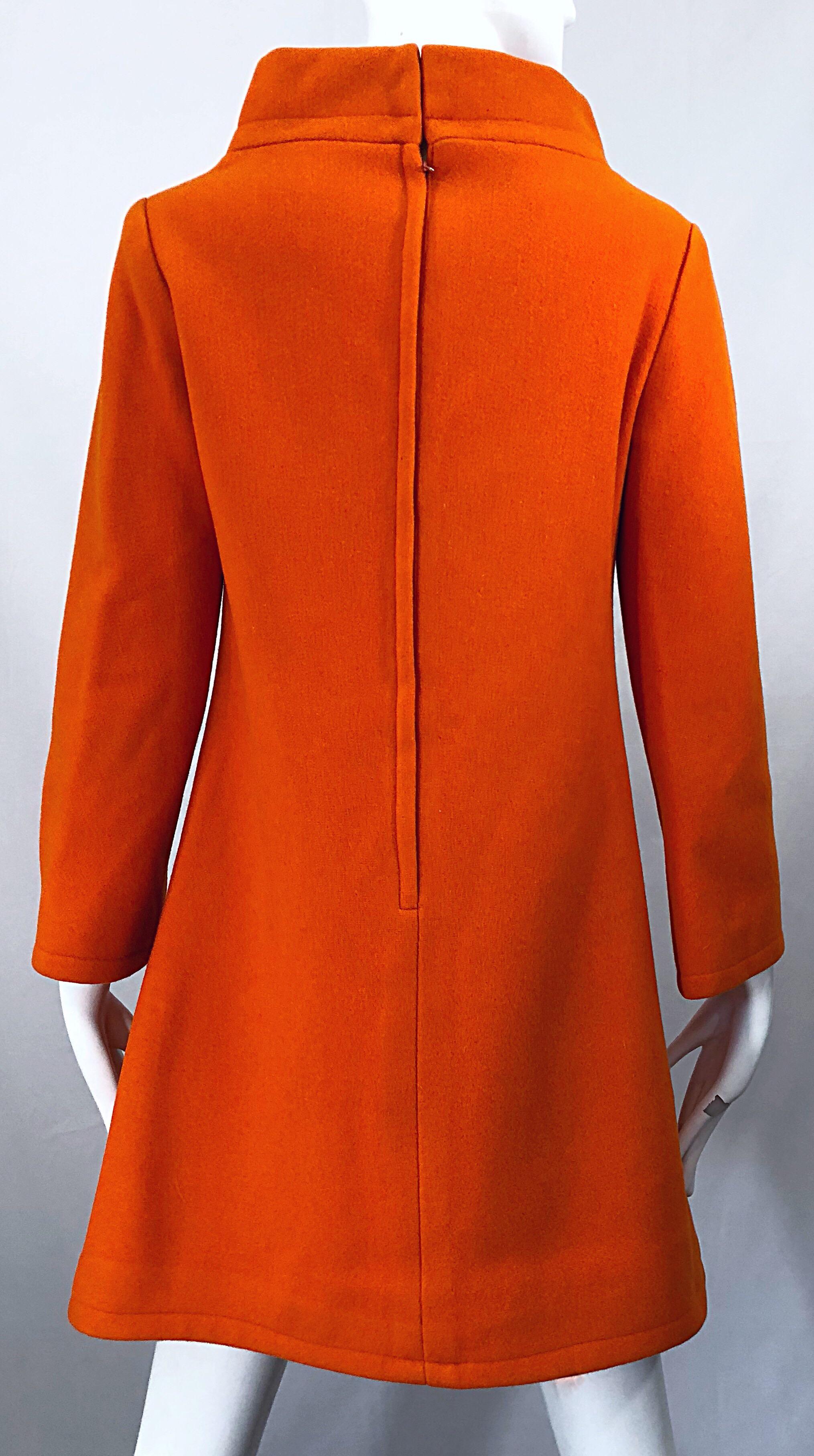 Chic 1960s Orange Wool Mod Space Age Cut Out A Line Vintage 60s Mini Dress Tunic 1