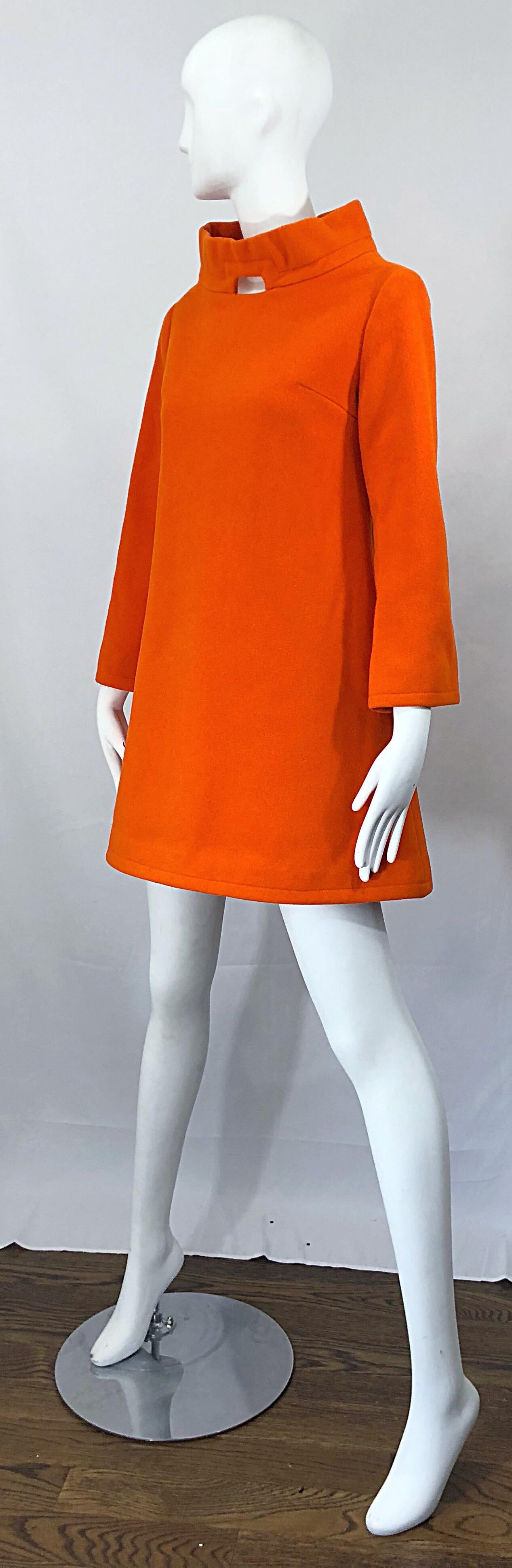 Chic 1960s Orange Wool Mod Space Age Cut Out A Line Vintage 60s Mini Dress Tunic 2