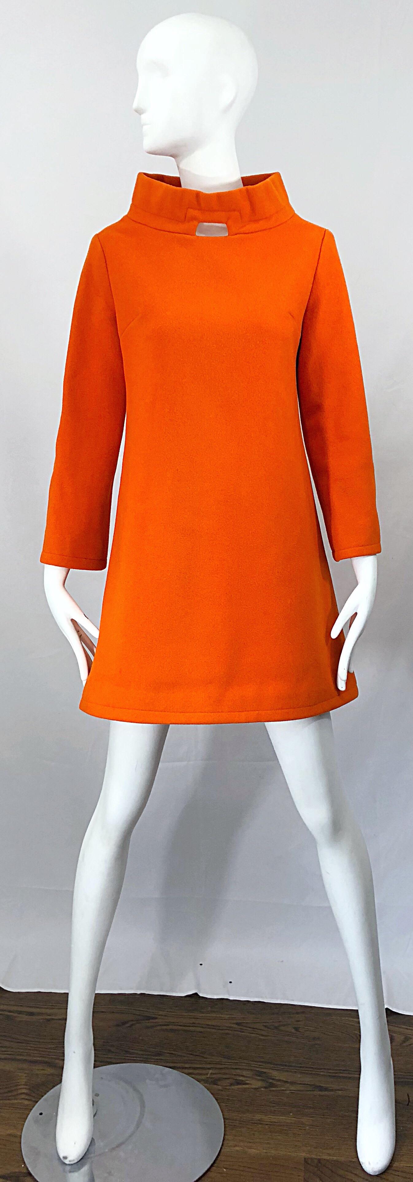 Chic 1960s Orange Wool Mod Space Age Cut Out A Line Vintage 60s Mini Dress Tunic 4