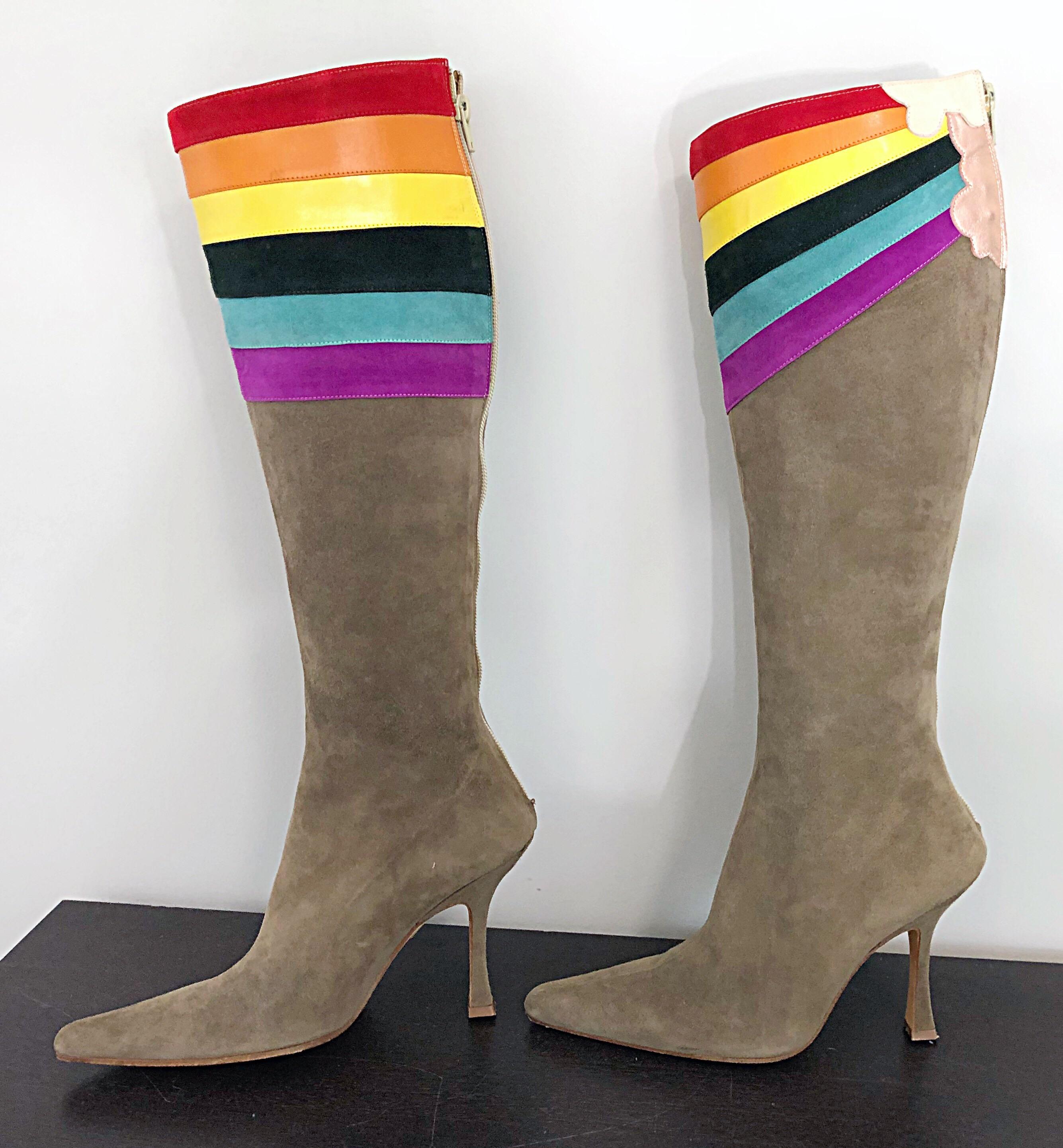 New Ashley Dearborn Size 36 / 6 Gay Pride Pegasus Rainbow High Heel Suede Boots For Sale 1