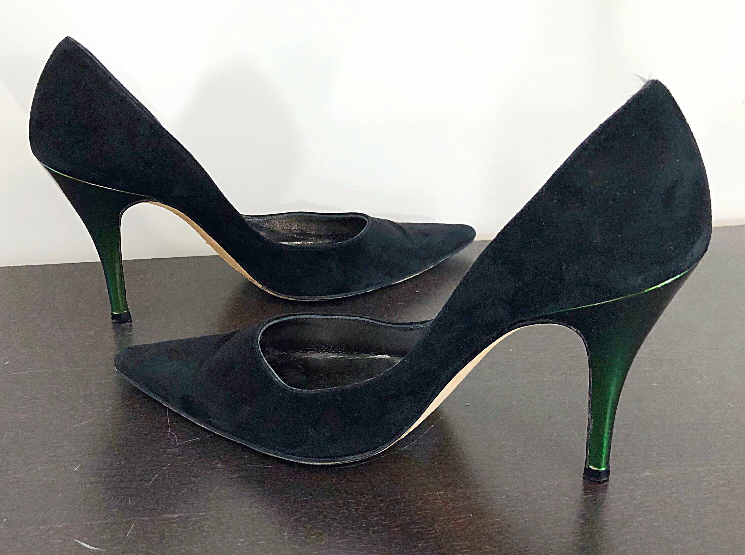 Sexy vintage late 90s CHRISTIAN LACROIX black suede leather and green metallic high heel pointy toe shoes! Sleek design, with cutting edge design. Metallic iridescent green heel. The perfect black heel with just the right amount of pop! Great with
