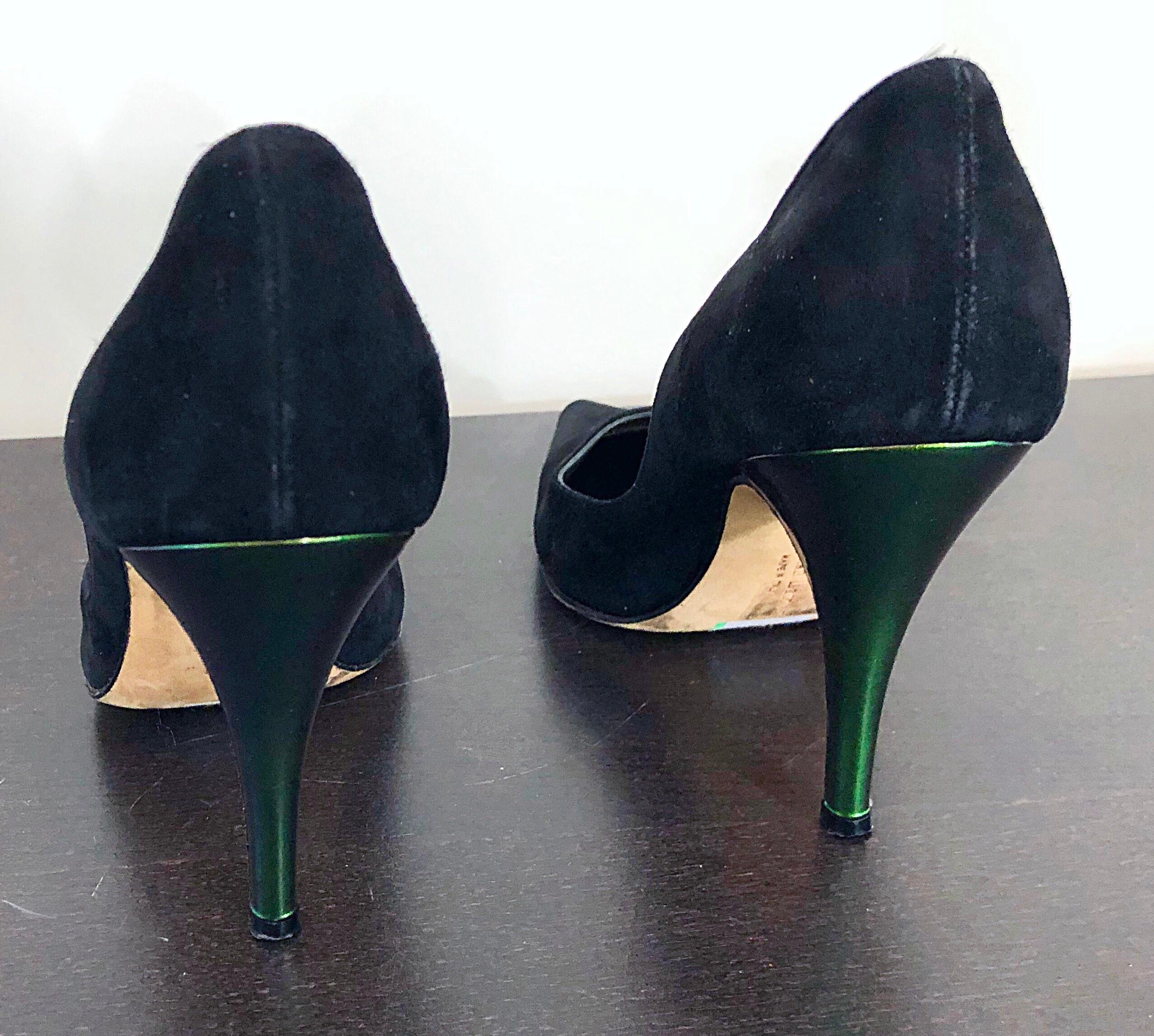 Sexy Vintage Christian Lacroix Size 37 / 7 Black + Green Suede 1990s high Heels In Excellent Condition For Sale In San Diego, CA