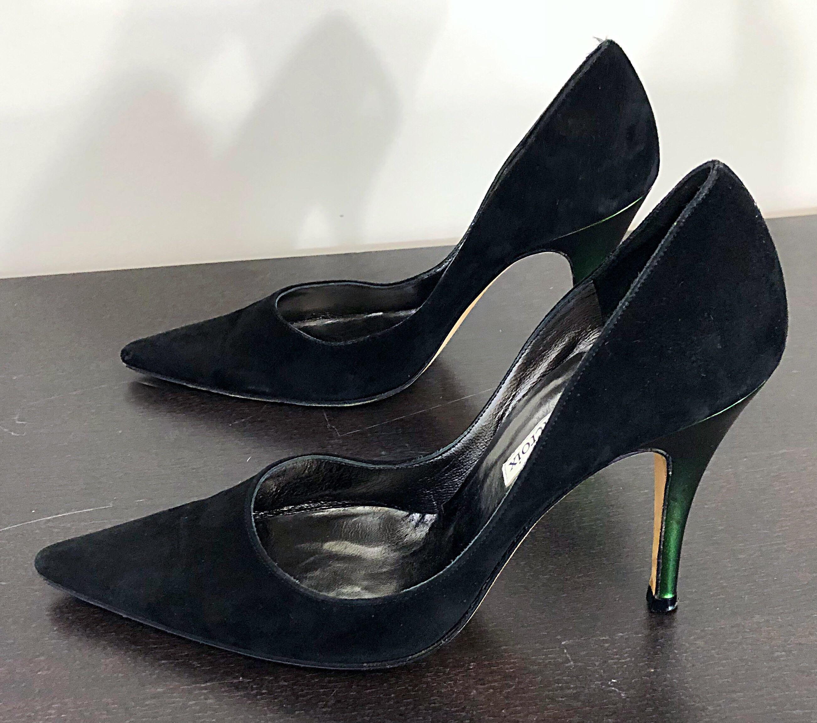 Women's Sexy Vintage Christian Lacroix Size 37 / 7 Black + Green Suede 1990s high Heels For Sale