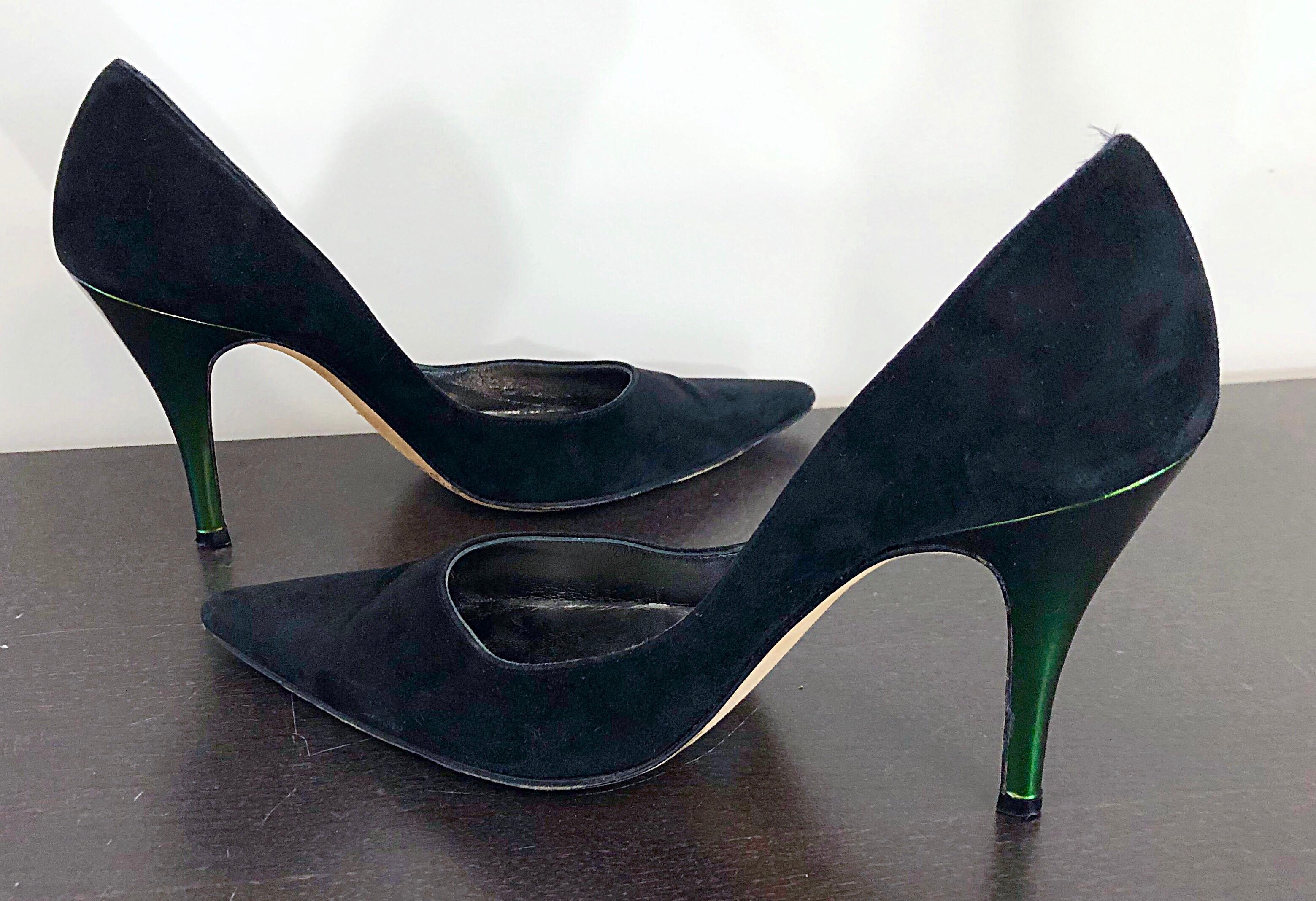 Sexy Vintage Christian Lacroix Size 37 / 7 Black + Green Suede 1990s high Heels For Sale 1