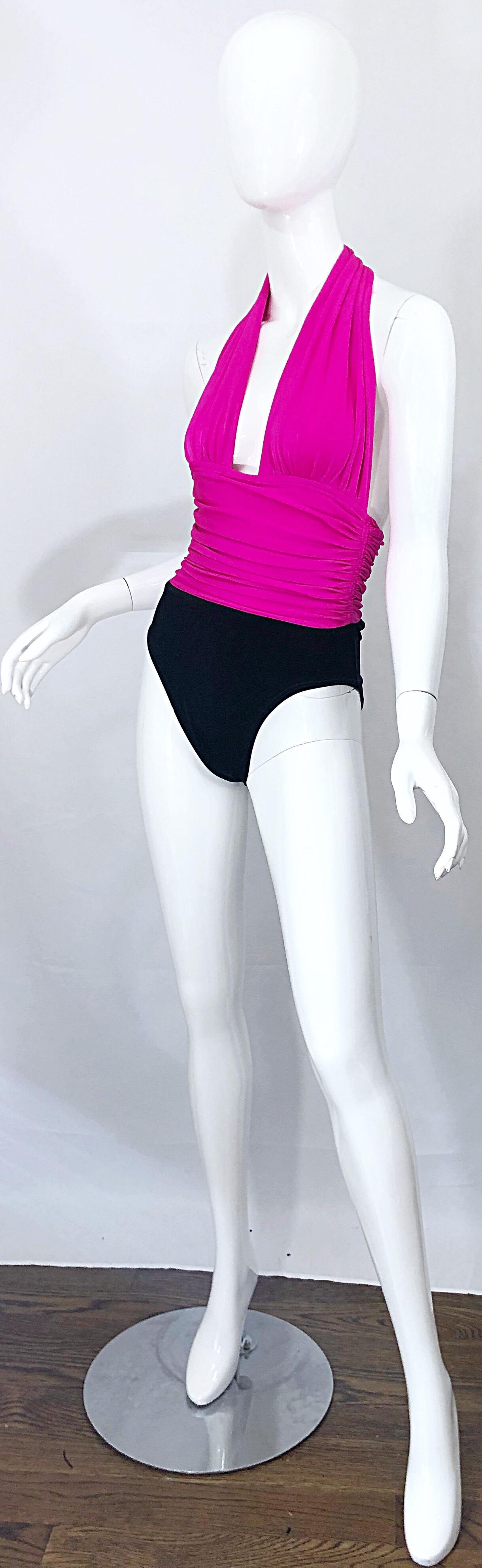 Yves Saint Laurent Size 12 / 14 Vintage Sexy Hot Pink + Black One Piece Swimsuit In Excellent Condition For Sale In San Diego, CA