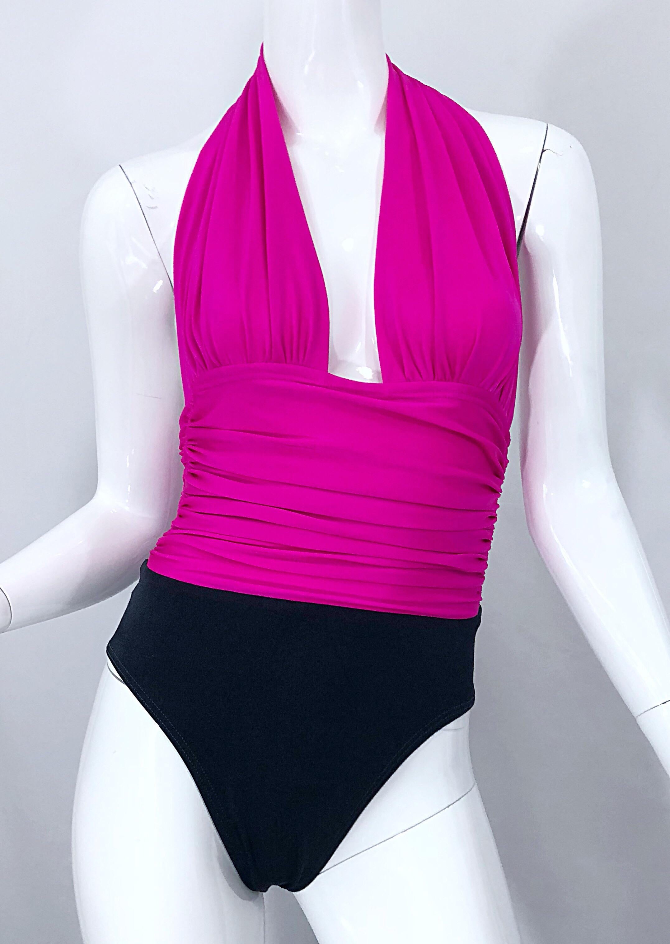 Women's Yves Saint Laurent Size 12 / 14 Vintage Sexy Hot Pink + Black One Piece Swimsuit For Sale