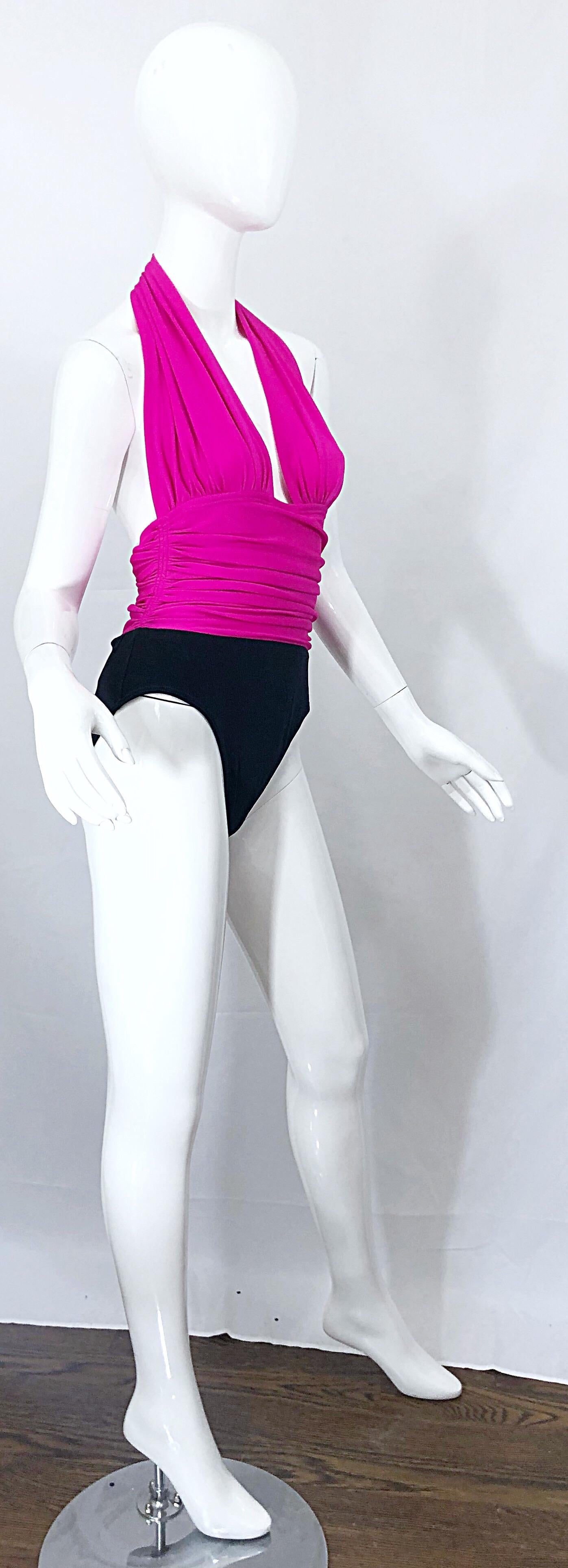 Yves Saint Laurent Talla 12 / 14 Traje de baño de una pieza Sexy Vintage Rosa Caliente + Negro en venta 6