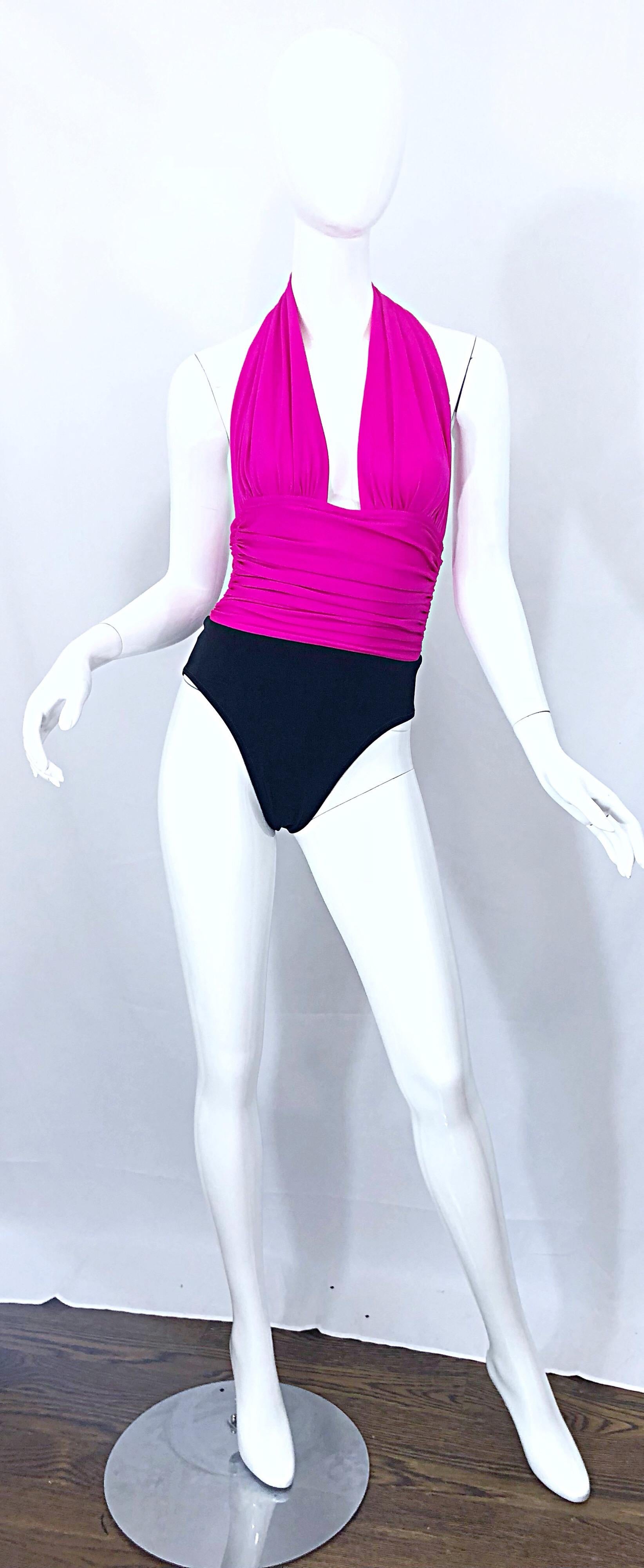 Yves Saint Laurent Size 12 / 14 Vintage Sexy Hot Pink + Black One Piece Swimsuit For Sale 5