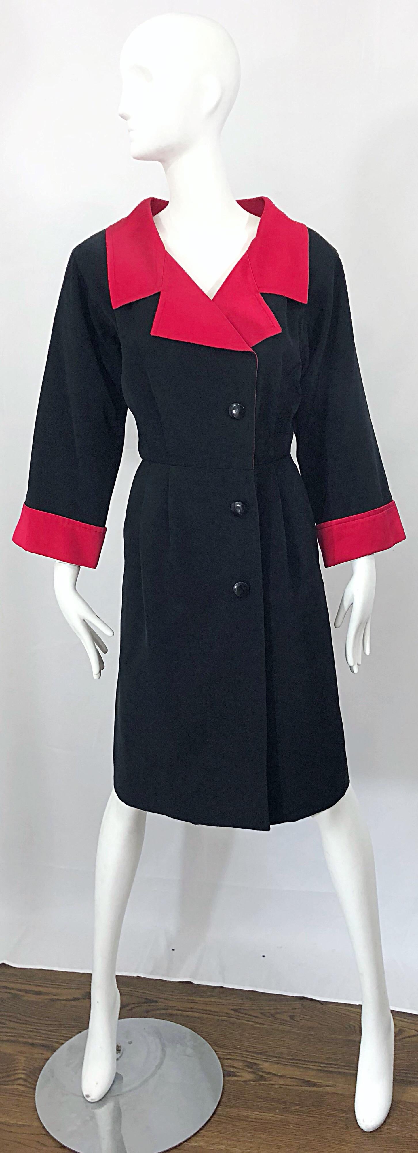 Chic vintage Yves Saint Laurent Rive Gauche black and red silk dress! Classic YSL silhouette that really flatters the body. Buttons up the front with interior hook-and-eye closures and hidden snap at left lapel. Lipstick red silk satin collar and