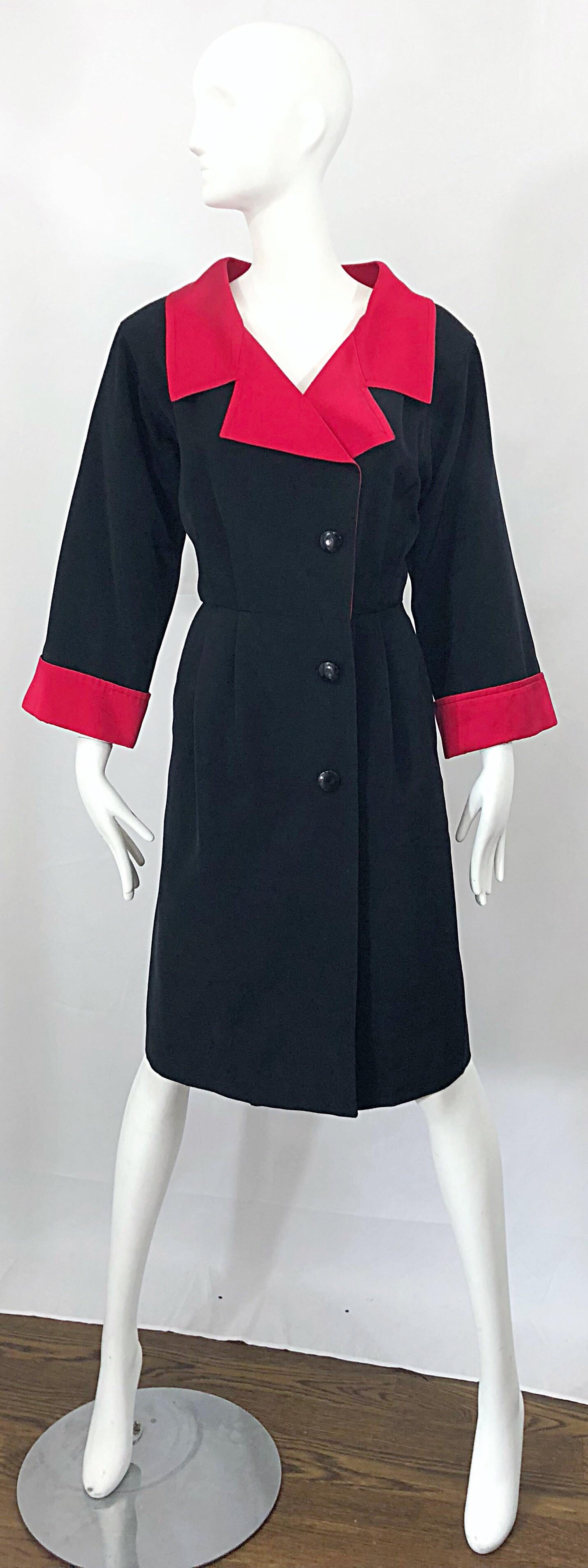 Vintage Yves Saint Laurent Size 42 / 10 Black and Red Silk YSL Dress For Sale 2