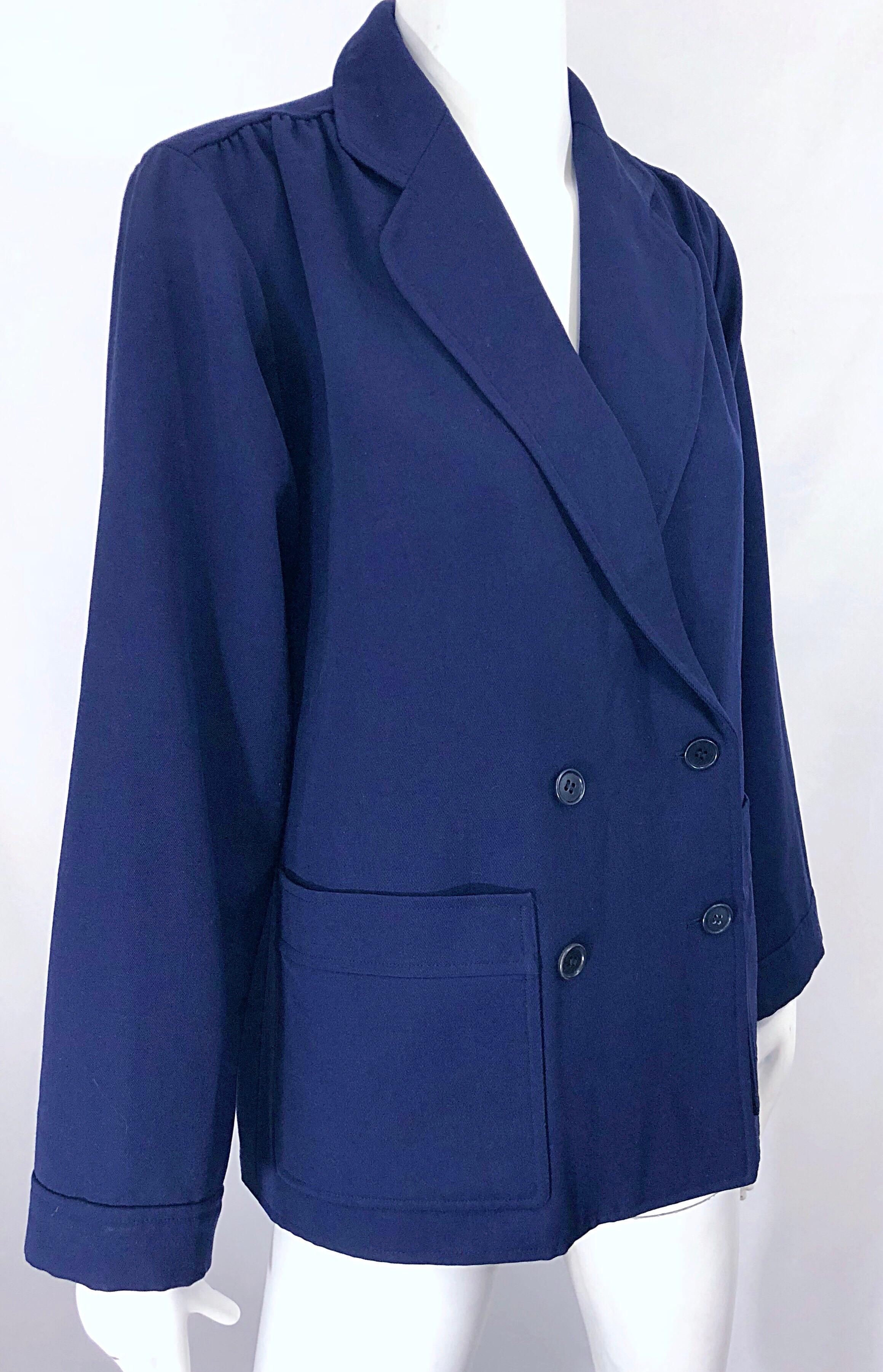 Chic 1960er Jahre Yves Saint Laurent Marineblaue leichte Vintage Swing Jacke aus Wolle Damen im Angebot
