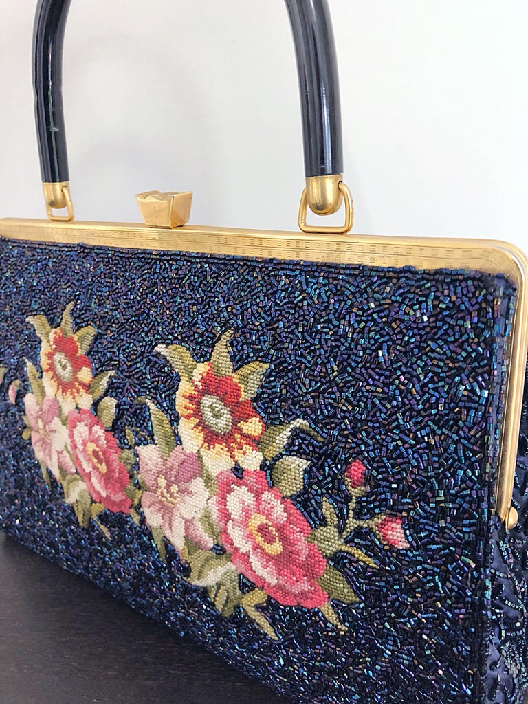 1950s Large Fully Beaded Navy Blue Needlepoint 50s Tapestry