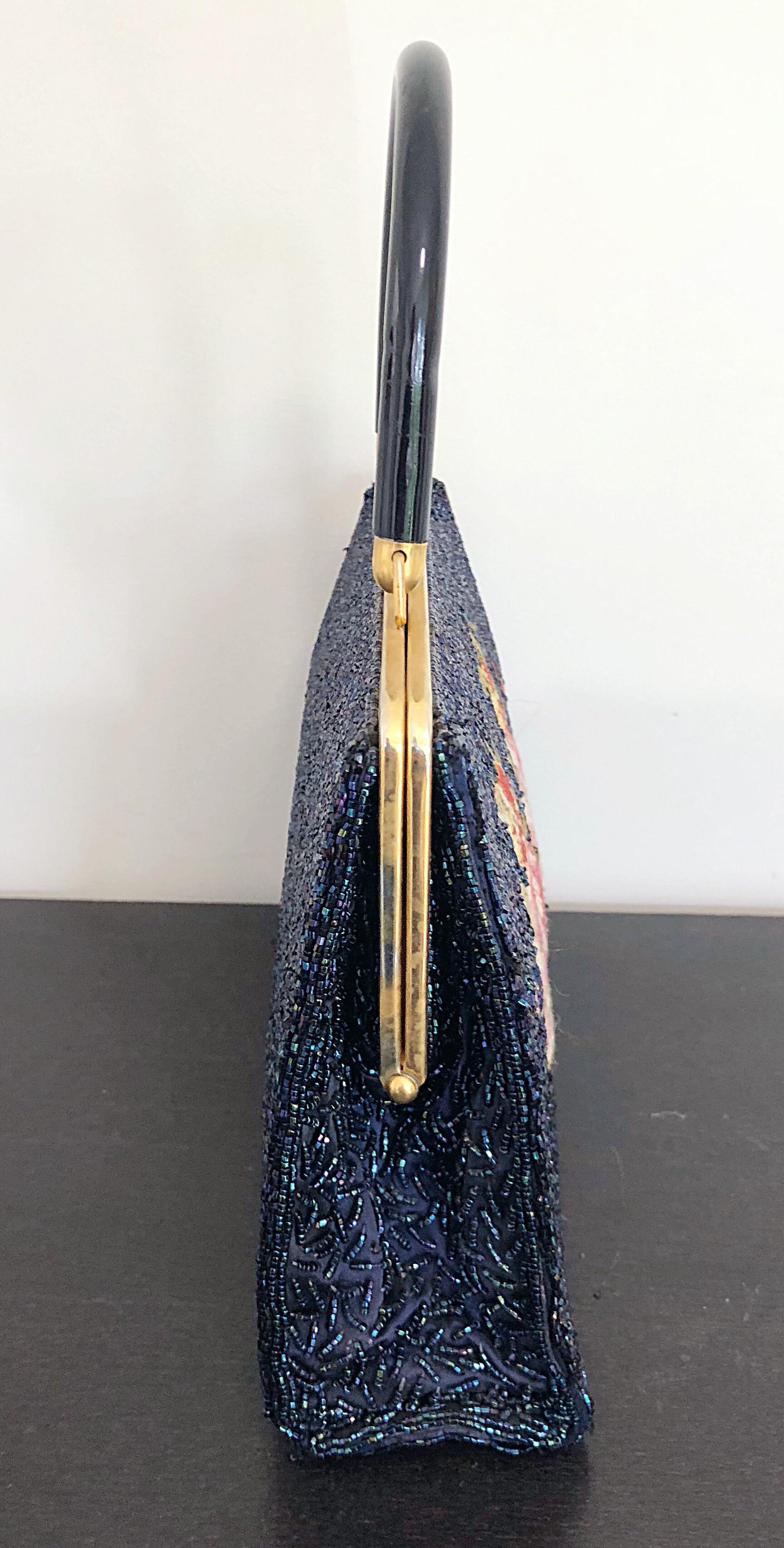 Gorgeous 1950s X Large Fully Beaded Navy Blue Needlepoint 50s Tapestry Purse Bag In Excellent Condition In San Diego, CA