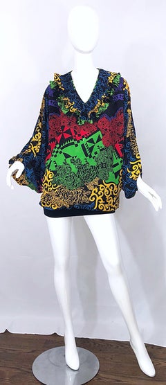 Amazing 1980s Diane Freis Neon Abstract Print Vintage 80s Tunic / Mini Dress