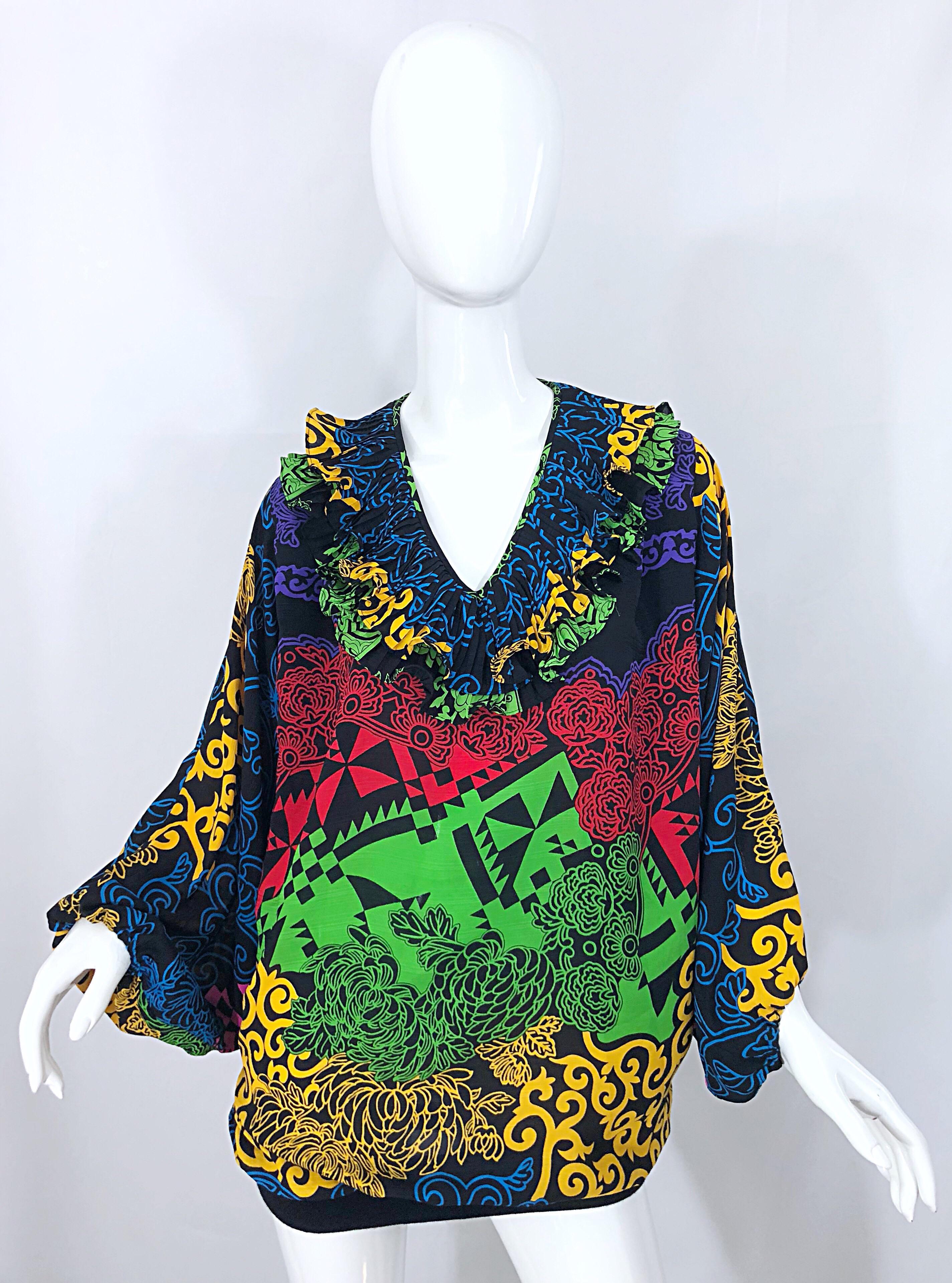 Black Amazing 1980s Diane Freis Neon Abstract Print Vintage 80s Tunic / Mini Dress For Sale