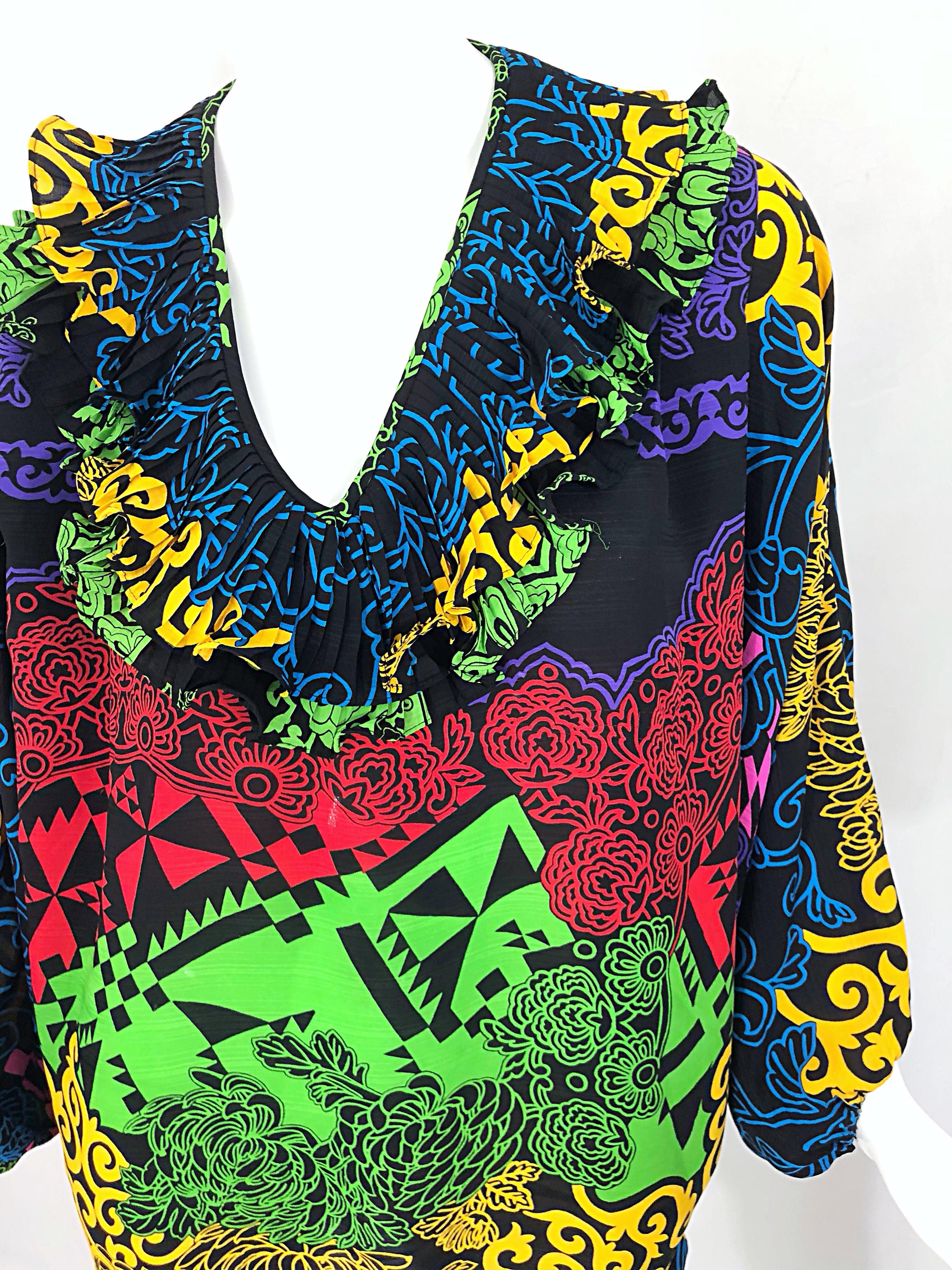 Amazing 1980s Diane Freis Neon Abstract Print Vintage 80s Tunic / Mini Dress In Excellent Condition For Sale In San Diego, CA