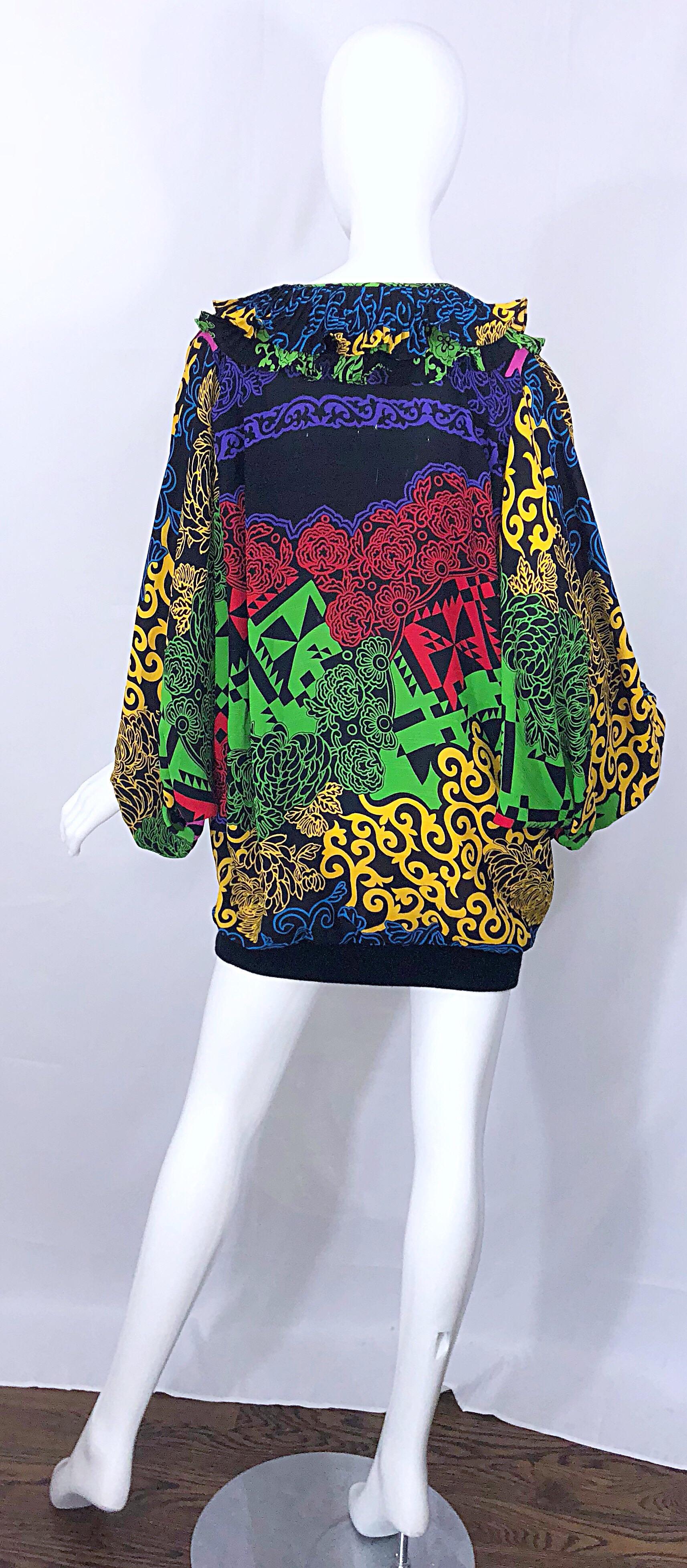 Women's Amazing 1980s Diane Freis Neon Abstract Print Vintage 80s Tunic / Mini Dress For Sale