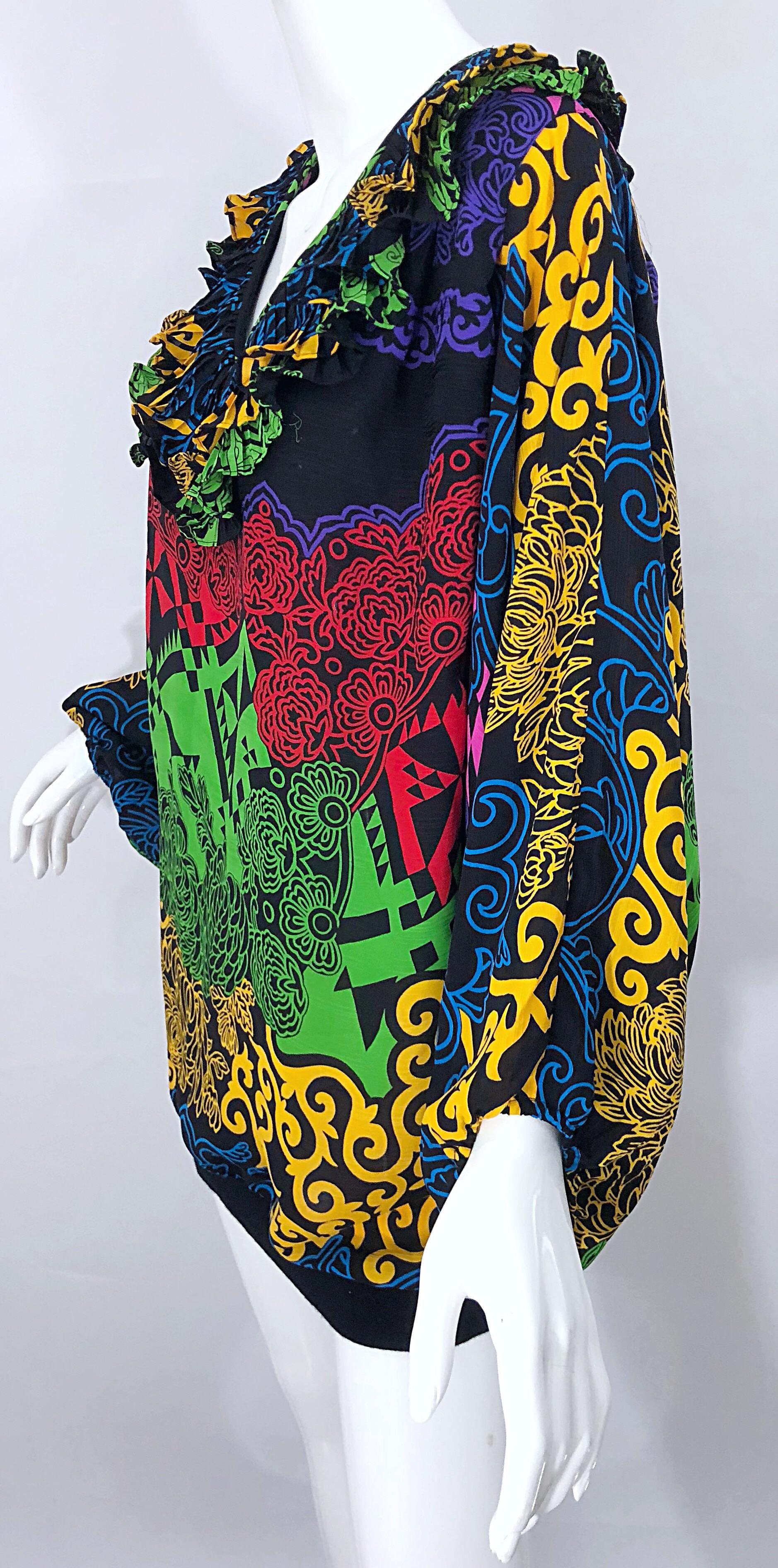 Amazing 1980s Diane Freis Neon Abstract Print Vintage 80s Tunic / Mini Dress For Sale 3