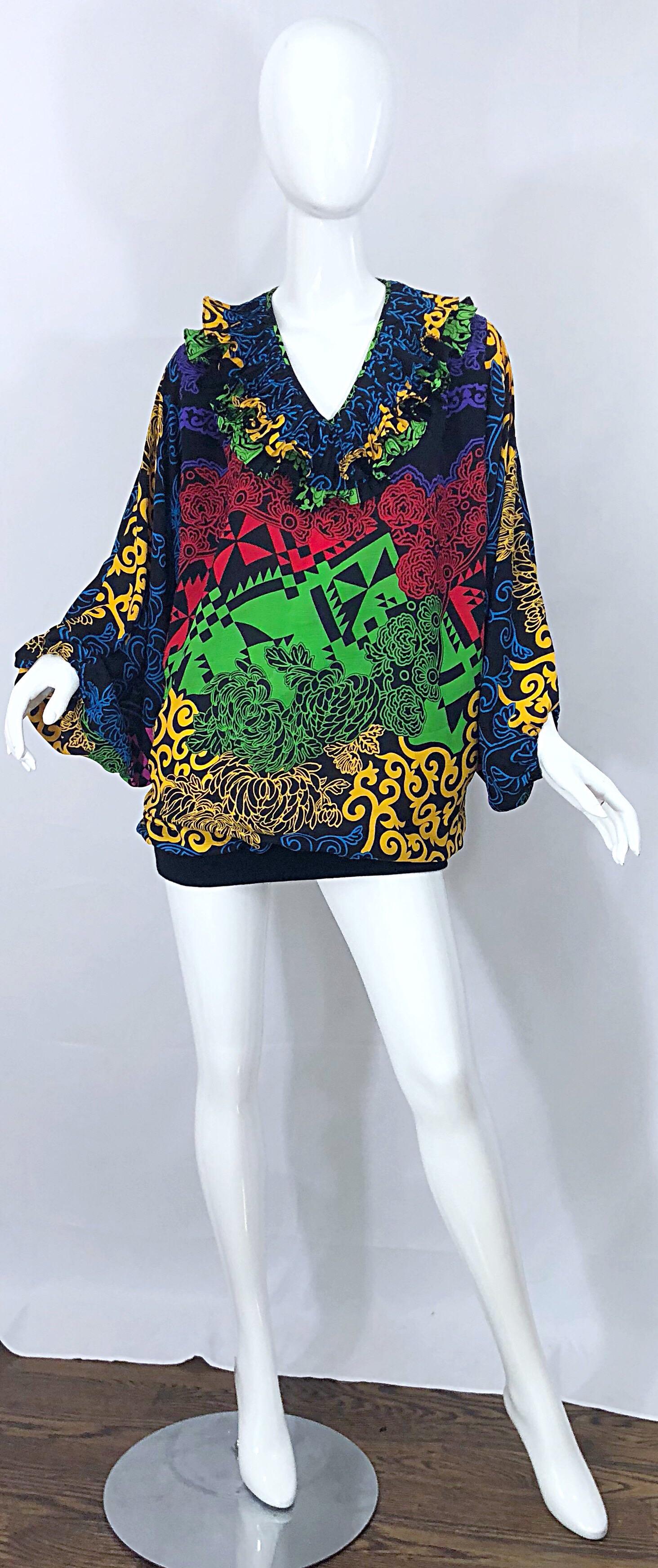 Amazing 1980s Diane Freis Neon Abstract Print Vintage 80s Tunic / Mini Dress For Sale 4
