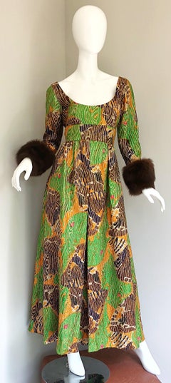 Lillie Rubin 1970s Green + Purple + Orange Silk Metallic Mink Fur Cuffs 70s Gown