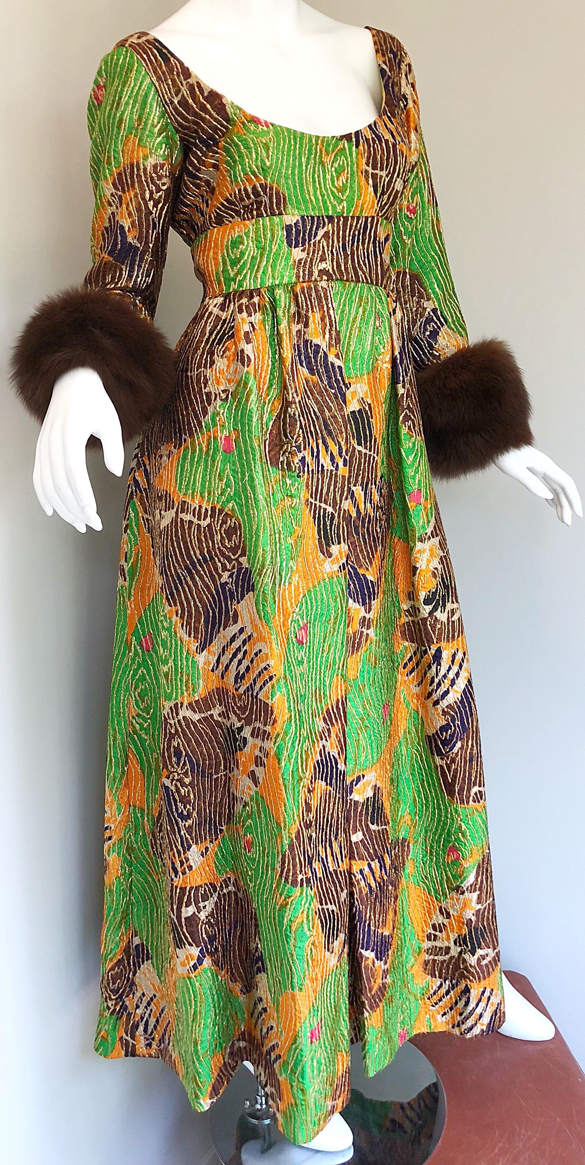 Brown Lillie Rubin 1970s Green + Purple + Orange Silk Metallic Mink Fur Cuffs 70s Gown For Sale