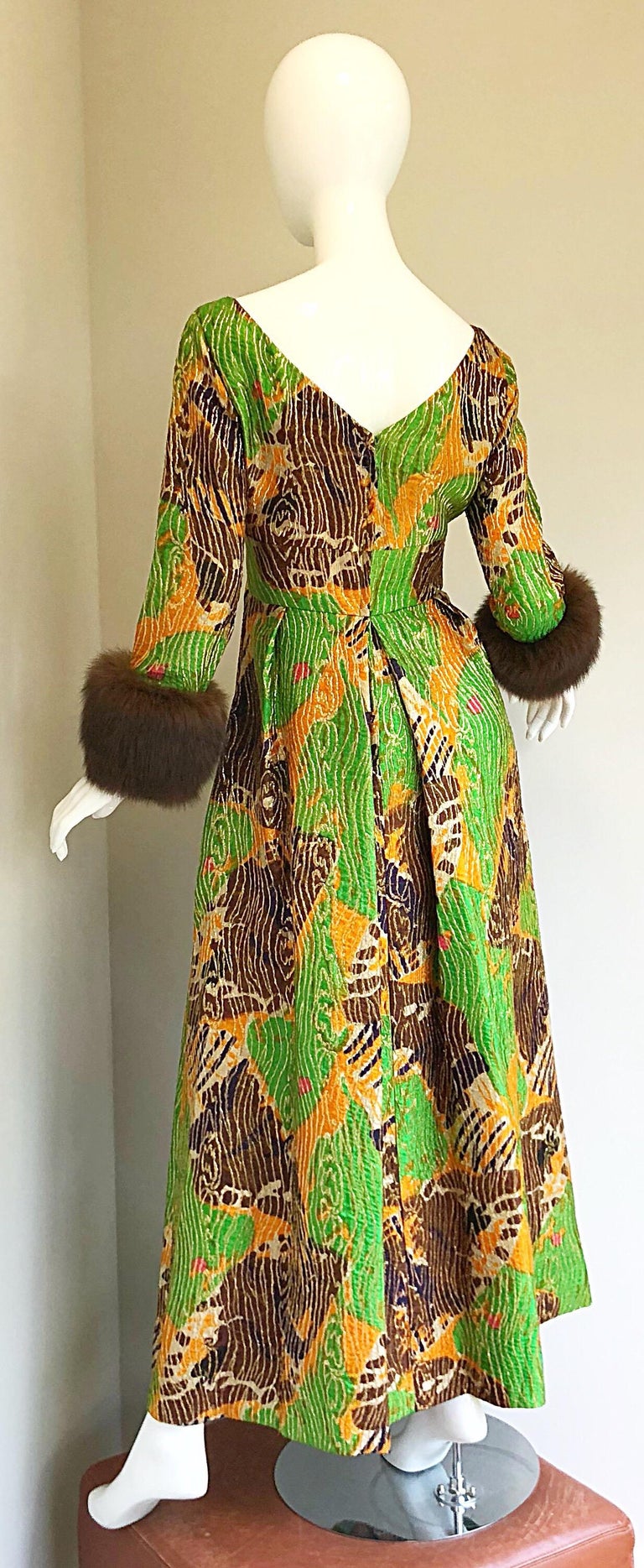 Lillie Rubin 1970s Green + Purple + Orange Silk Metallic Mink Fur Cuffs 70s Gown For Sale 1