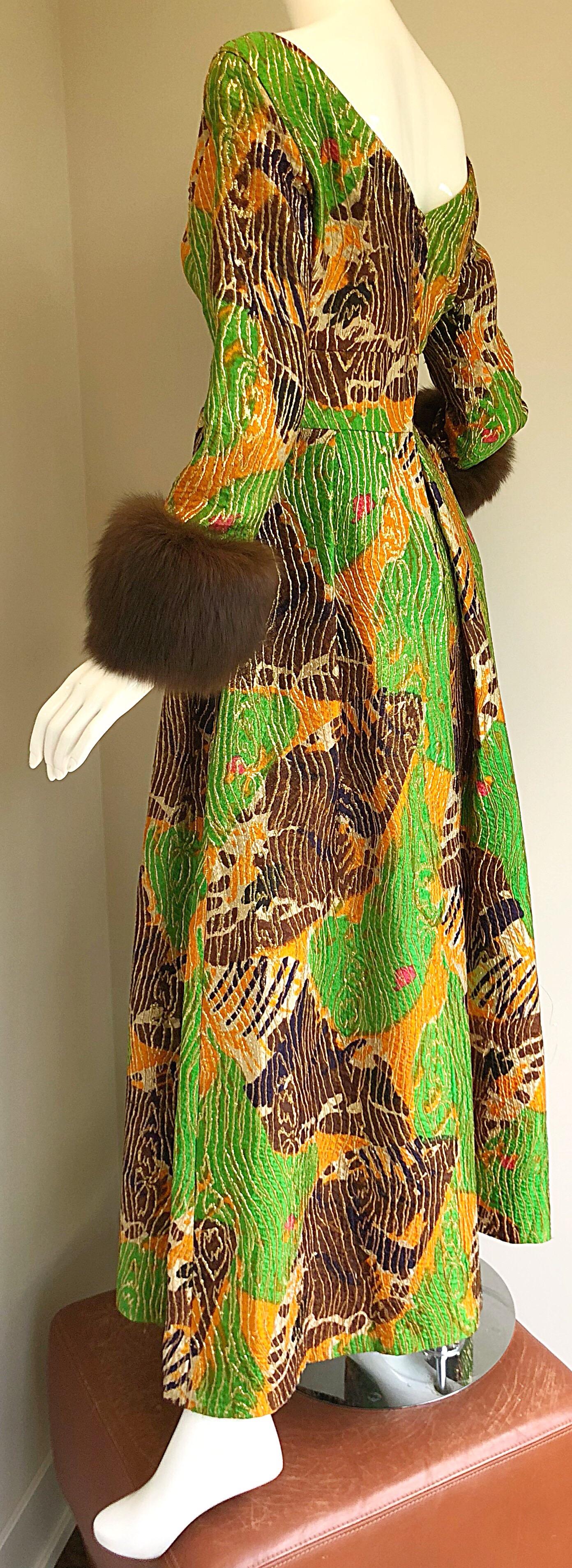 Lillie Rubin 1970s Green + Purple + Orange Silk Metallic Mink Fur Cuffs 70s Gown For Sale 1