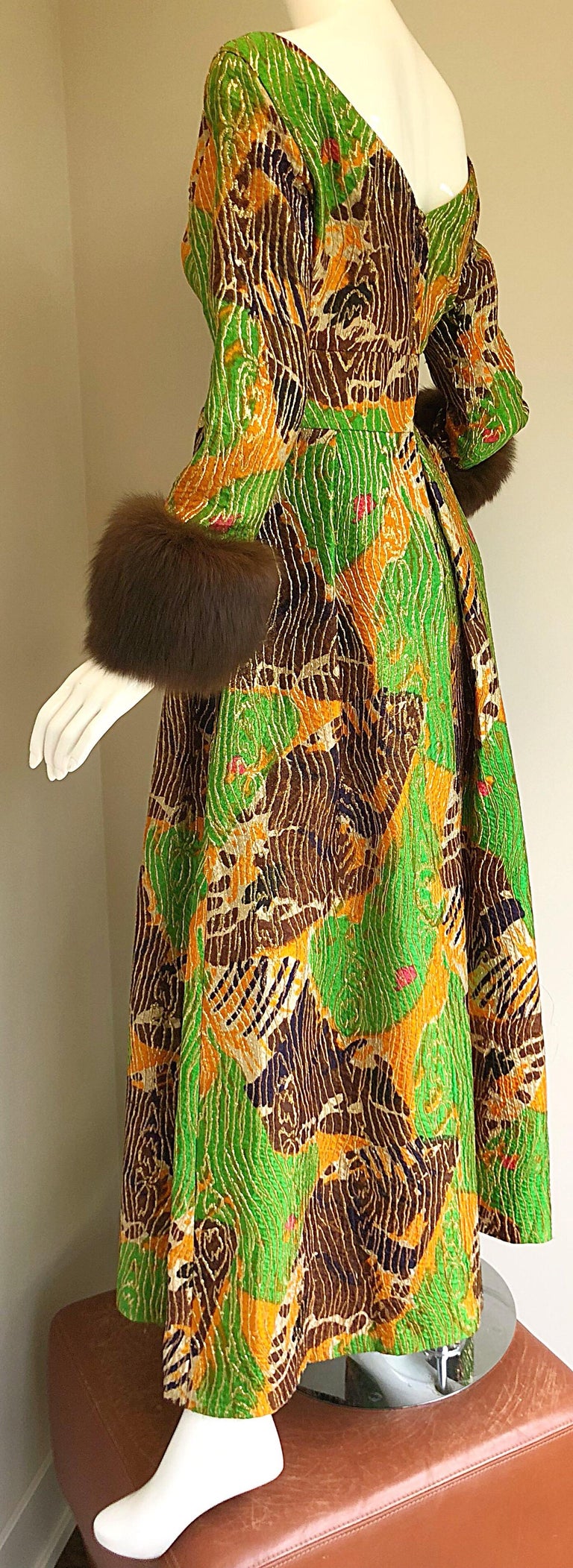 Lillie Rubin 1970s Green + Purple + Orange Silk Metallic Mink Fur Cuffs 70s Gown For Sale 3
