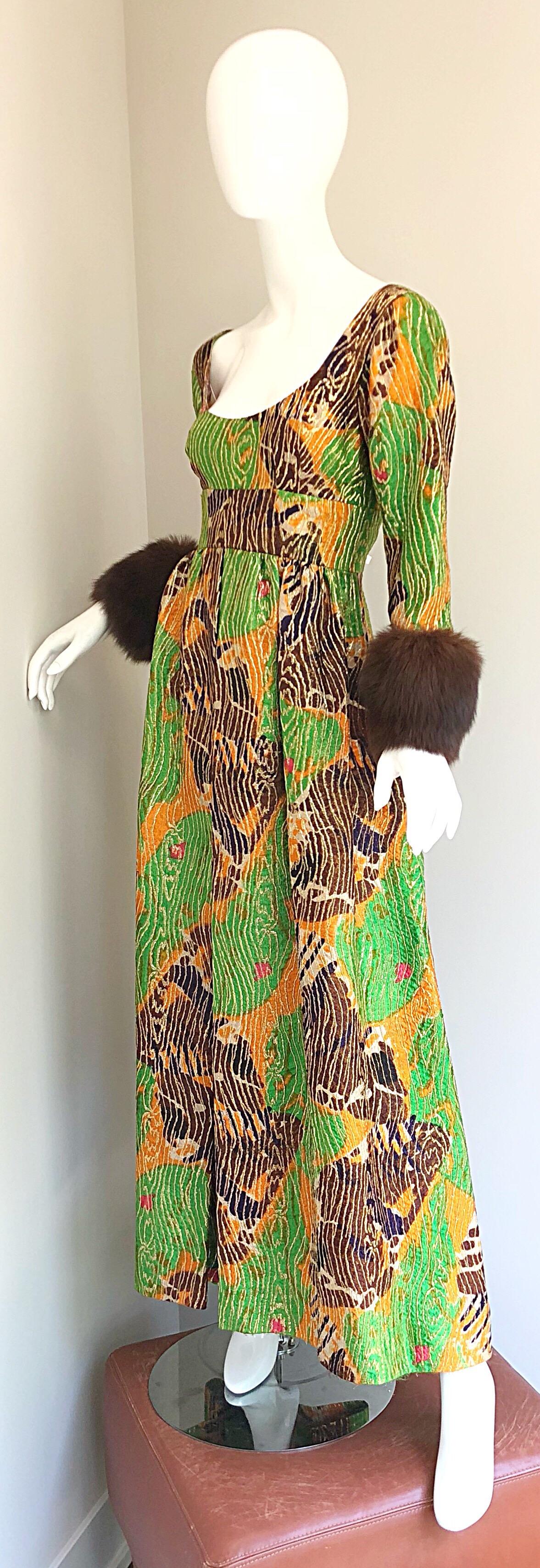 Lillie Rubin 1970s Green + Purple + Orange Silk Metallic Mink Fur Cuffs 70s Gown For Sale 2