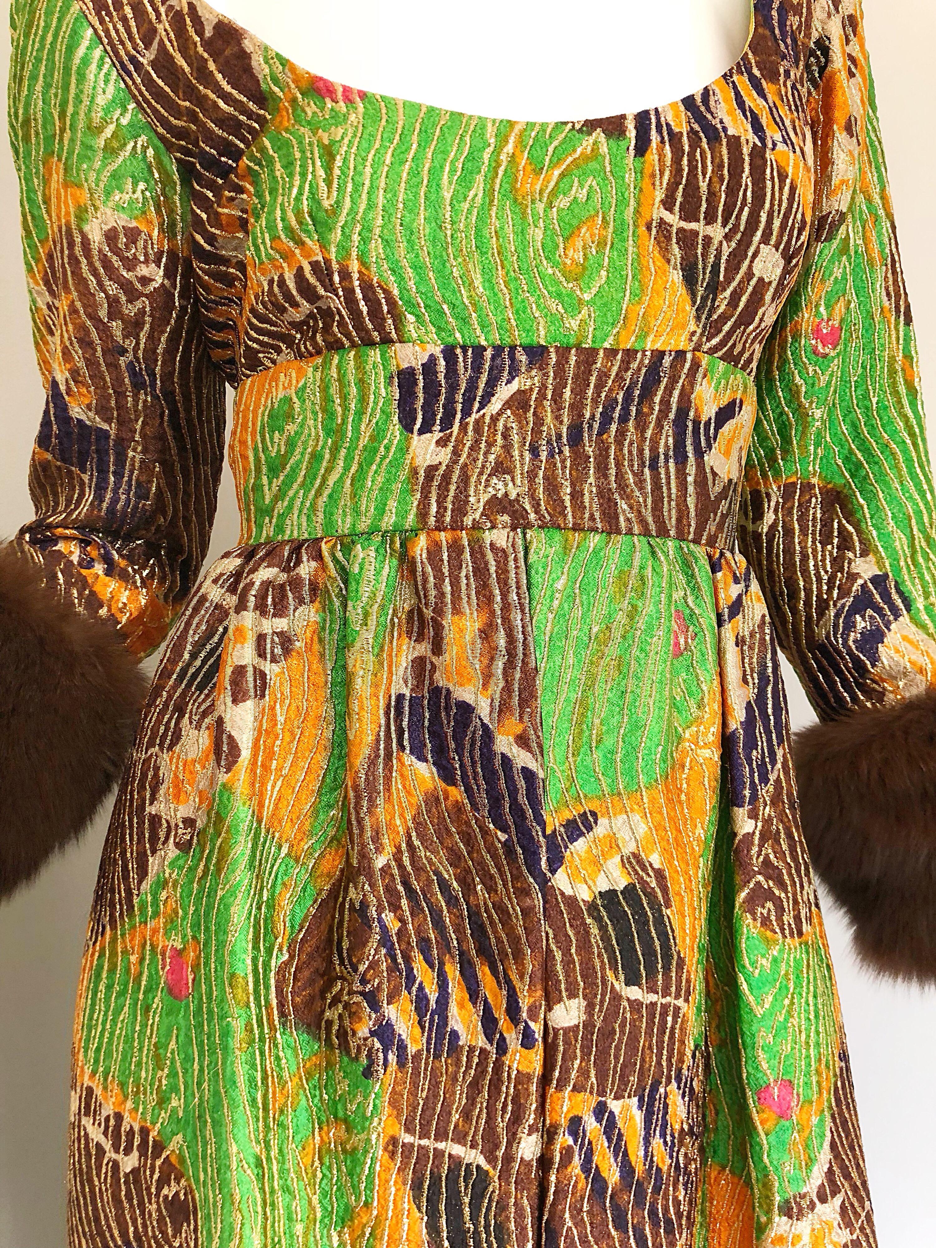 Lillie Rubin 1970s Green + Purple + Orange Silk Metallic Mink Fur Cuffs 70s Gown For Sale 3