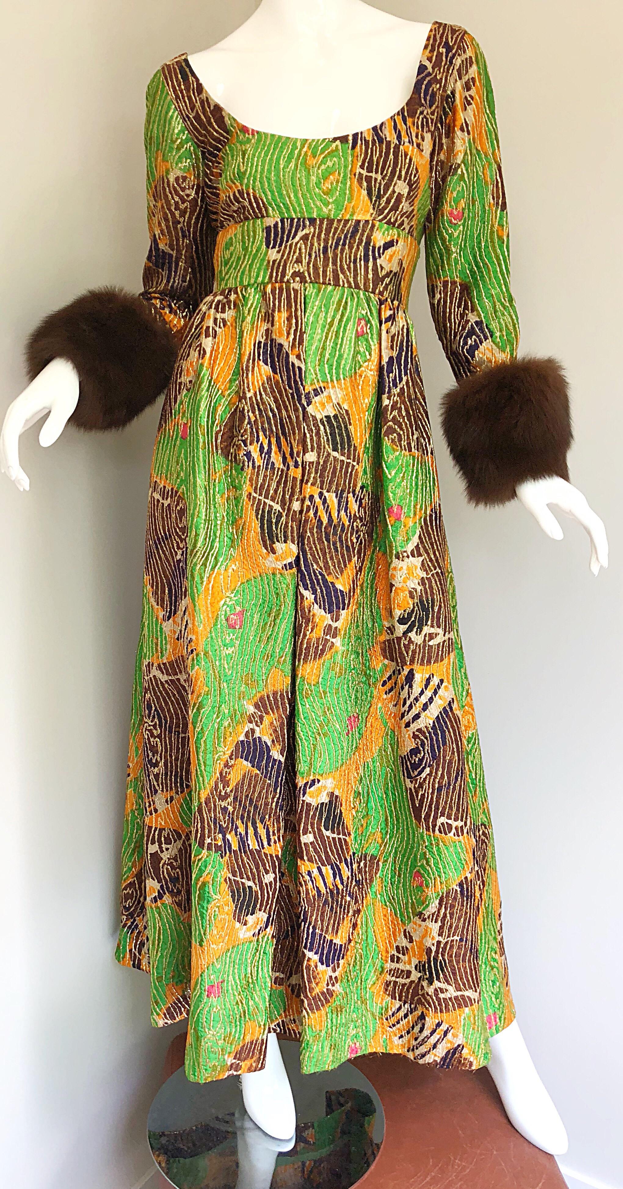 Lillie Rubin 1970s Green + Purple + Orange Silk Metallic Mink Fur Cuffs 70s Gown For Sale 4