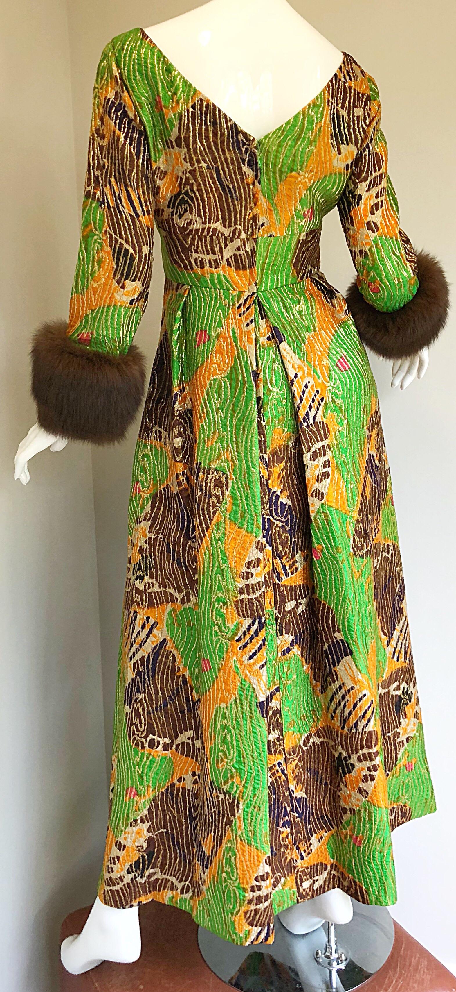 Lillie Rubin 1970s Green + Purple + Orange Silk Metallic Mink Fur Cuffs 70s Gown For Sale 5