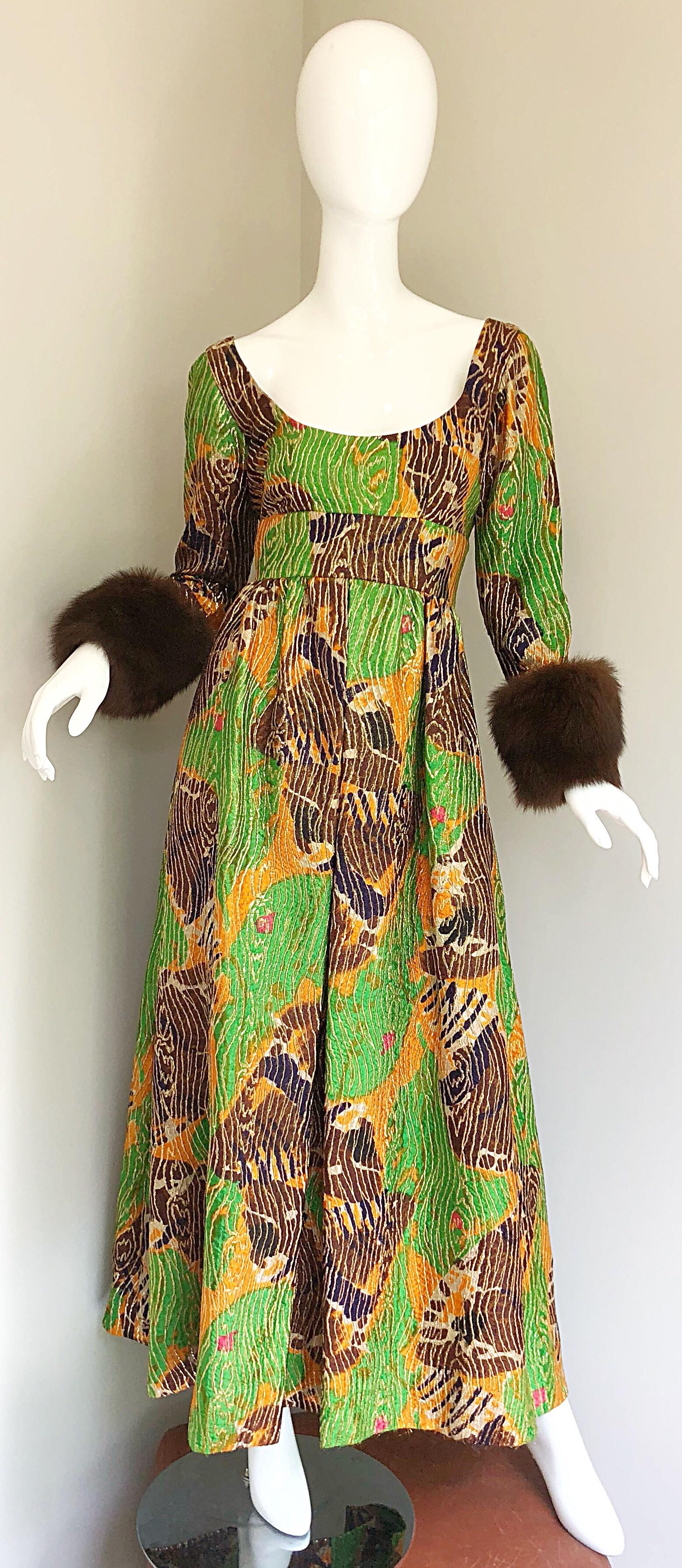 Lillie Rubin 1970s Green + Purple + Orange Silk Metallic Mink Fur Cuffs 70s Gown For Sale 6