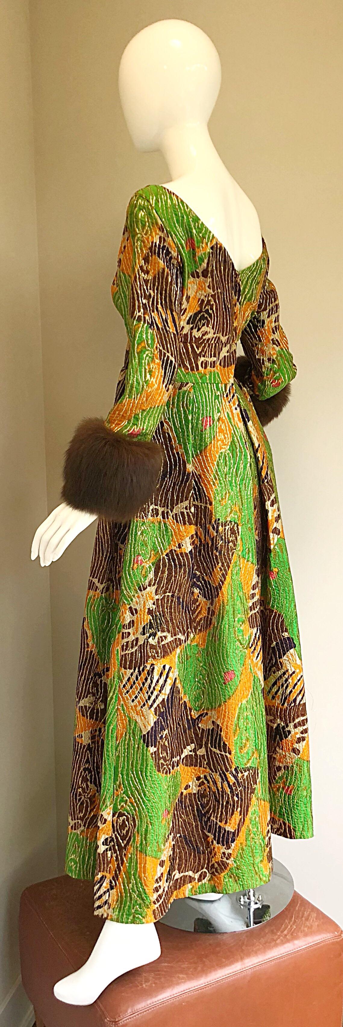 Lillie Rubin 1970s Green + Purple + Orange Silk Metallic Mink Fur Cuffs 70s Gown For Sale 7