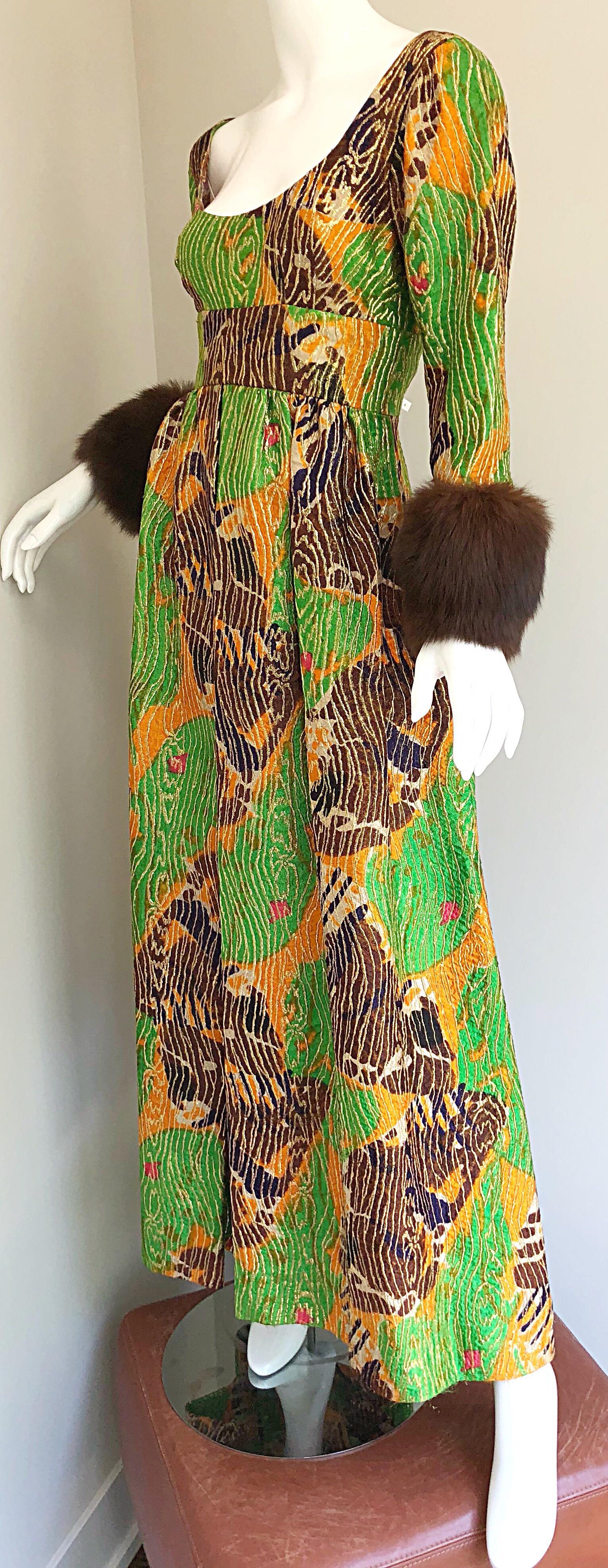 Lillie Rubin 1970s Green + Purple + Orange Silk Metallic Mink Fur Cuffs 70s Gown For Sale 8