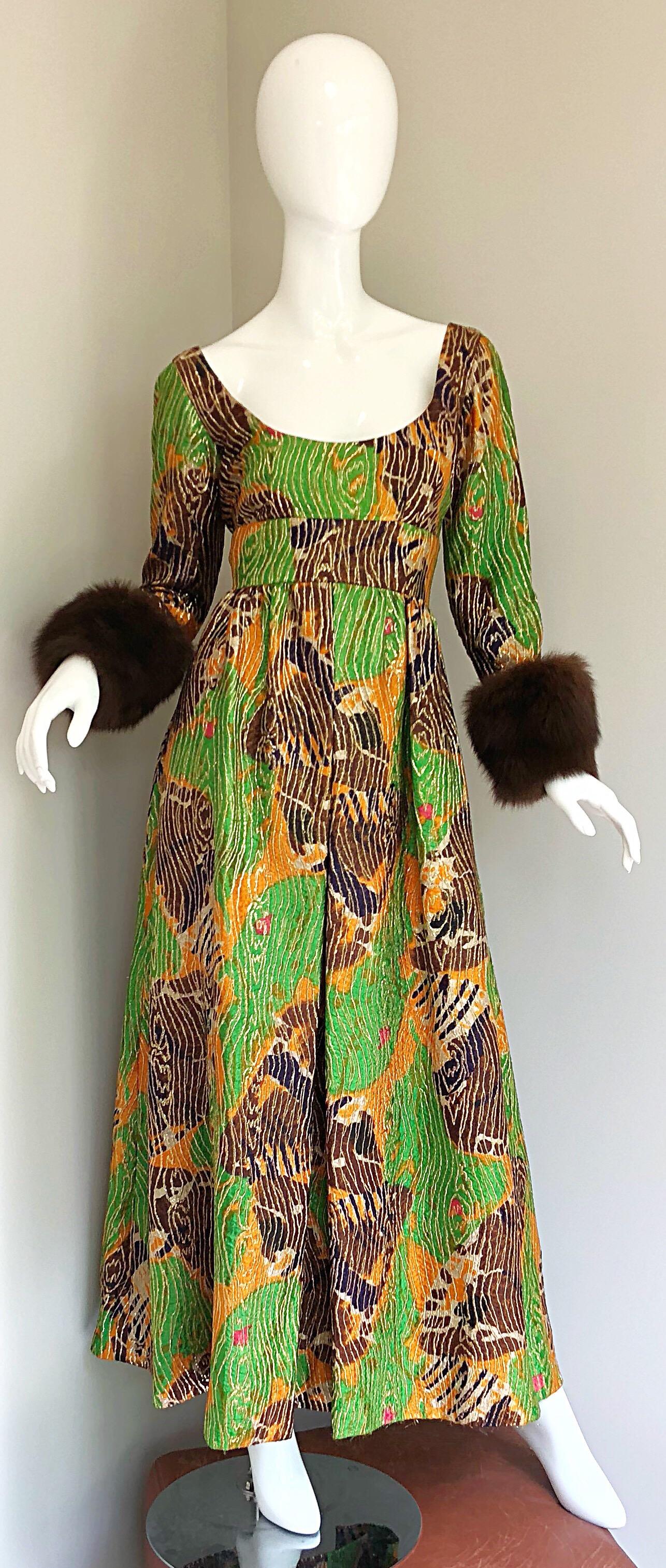 Lillie Rubin 1970s Green + Purple + Orange Silk Metallic Mink Fur Cuffs 70s Gown For Sale 9