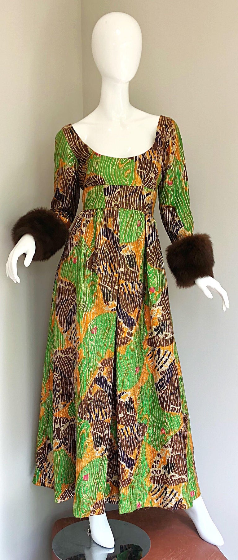 Lillie Rubin 1970s Green + Purple + Orange Silk Metallic Mink Fur Cuffs 70s Gown For Sale 11