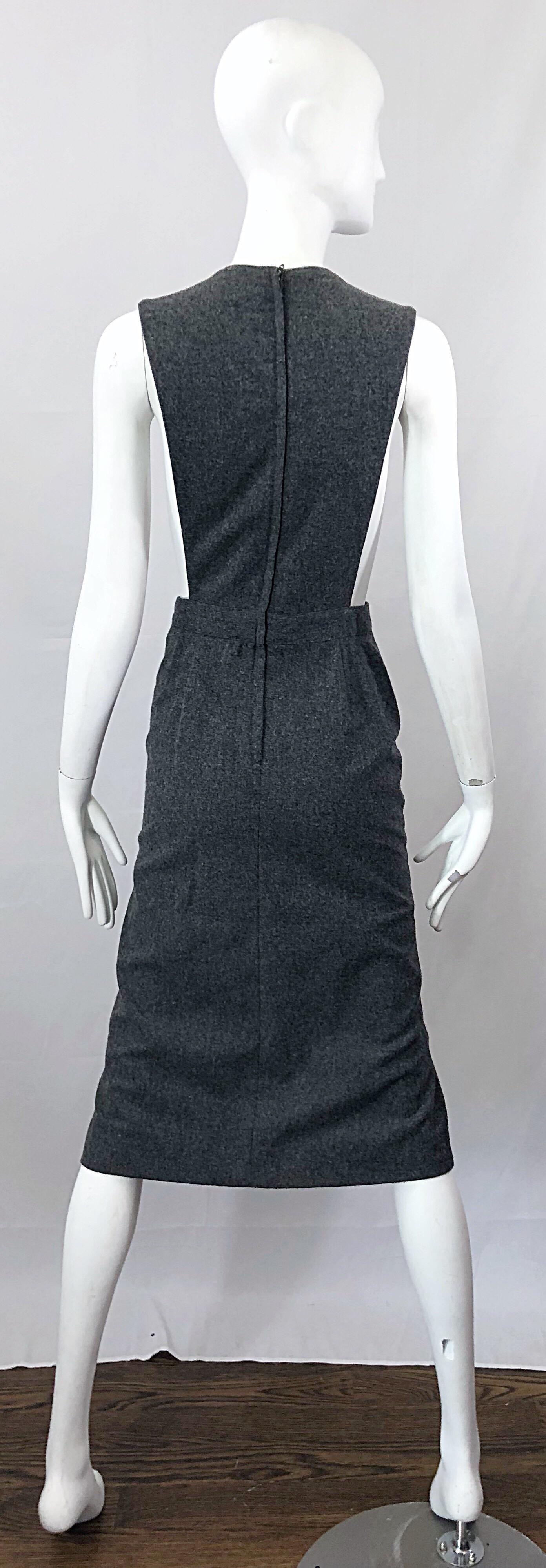 1960s Pierre Cardin Couture Rare Charcoal Gray Space Age Cut Out 60s Wool Dress In Excellent Condition In San Diego, CA