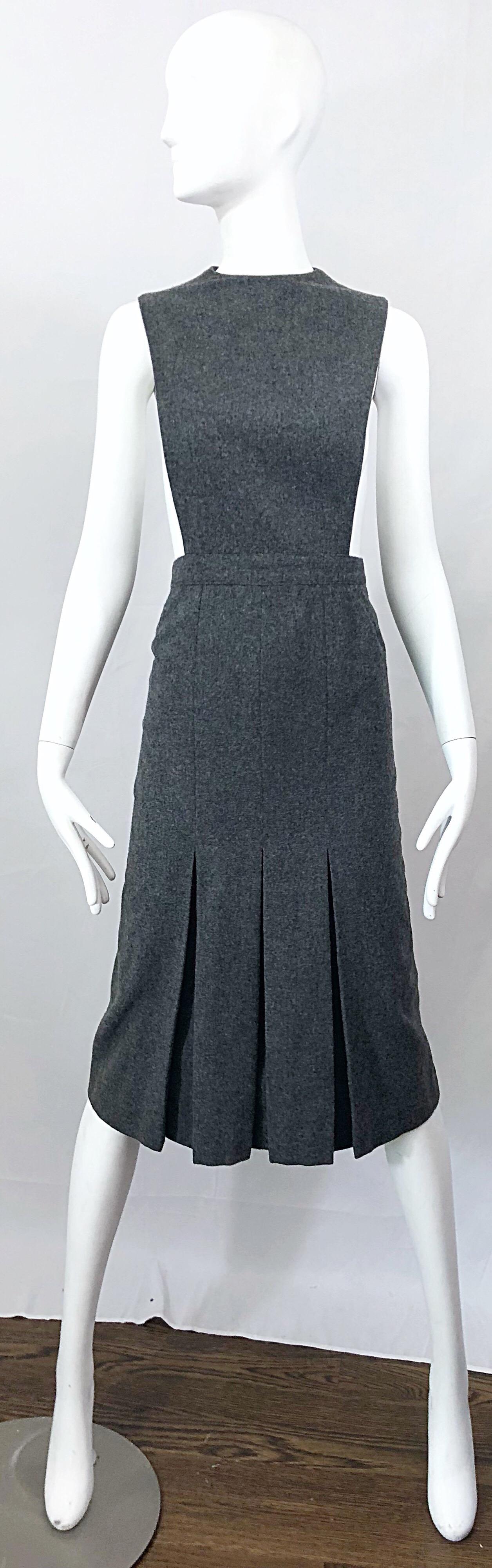 Women's 1960s Pierre Cardin Couture Rare Charcoal Gray Space Age Cut Out 60s Wool Dress