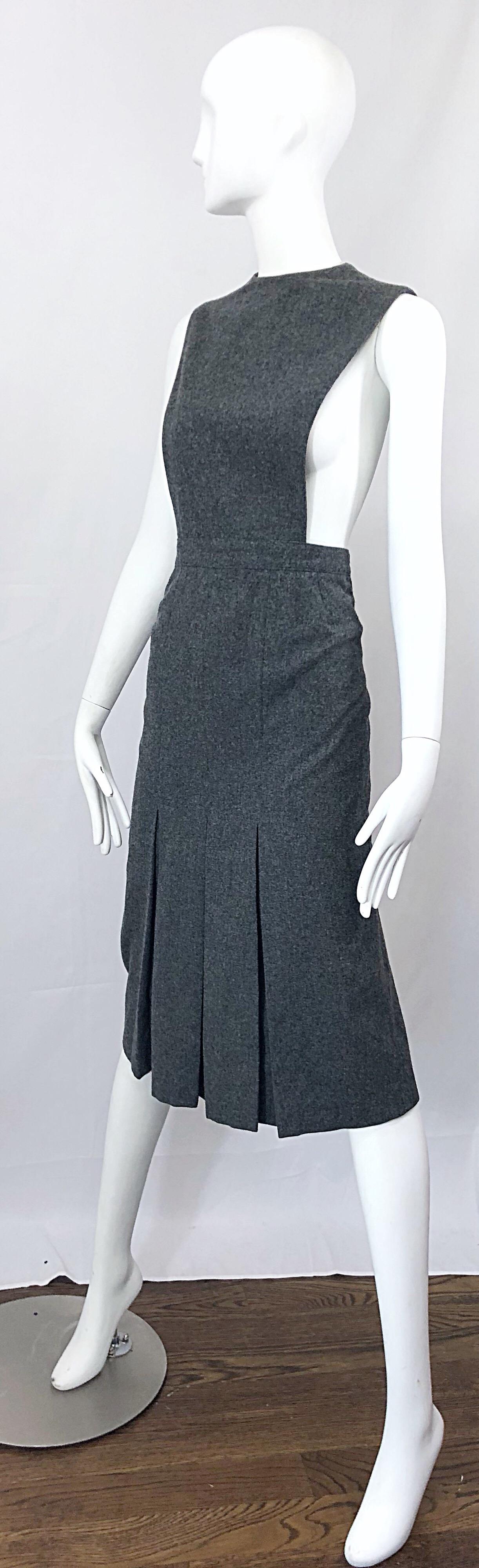 1960s Pierre Cardin Couture Rare Charcoal Gray Space Age Cut Out 60s Wool Dress 1