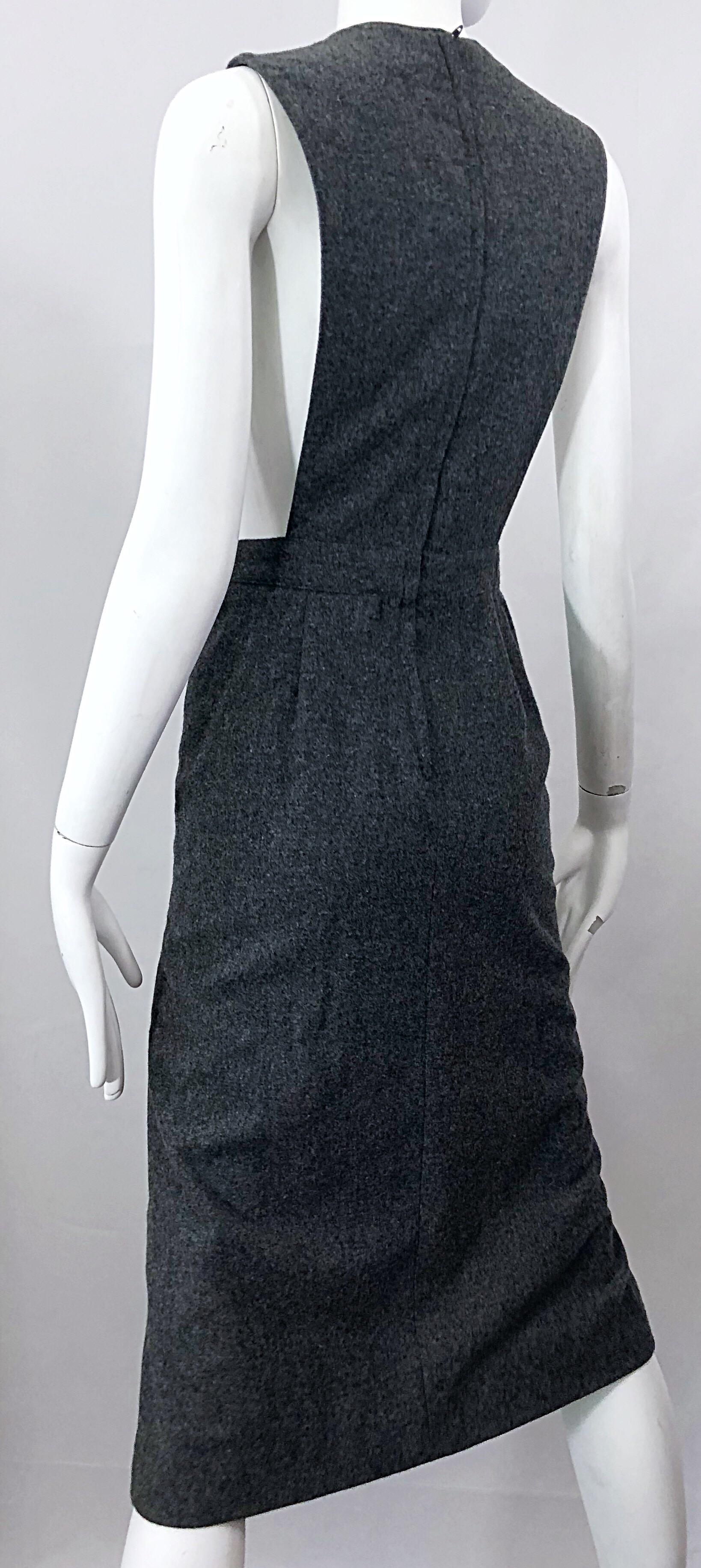 1960s Pierre Cardin Couture Rare Charcoal Gray Space Age Cut Out 60s Wool Dress 4