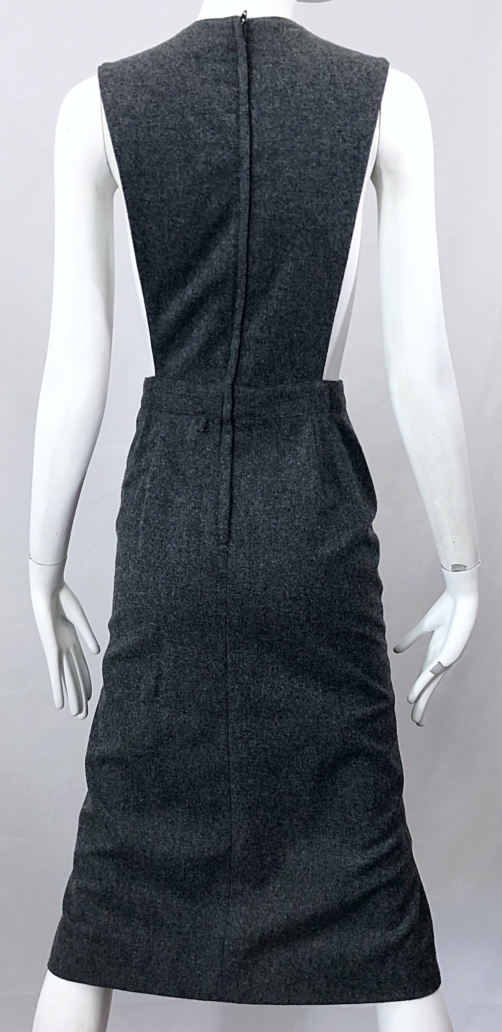 1960s Pierre Cardin Couture Rare Charcoal Gray Space Age Cut Out 60s Wool Dress 6