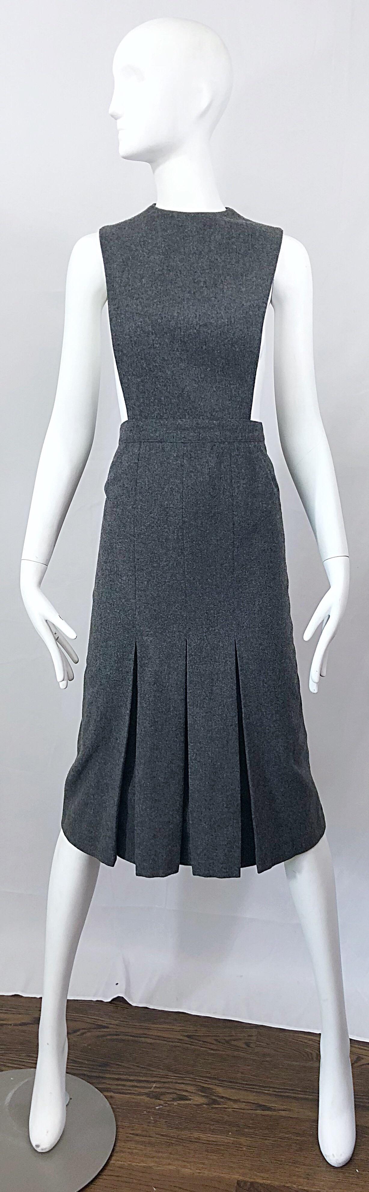 1960s Pierre Cardin Couture Rare Charcoal Gray Space Age Cut Out 60s Wool Dress 8