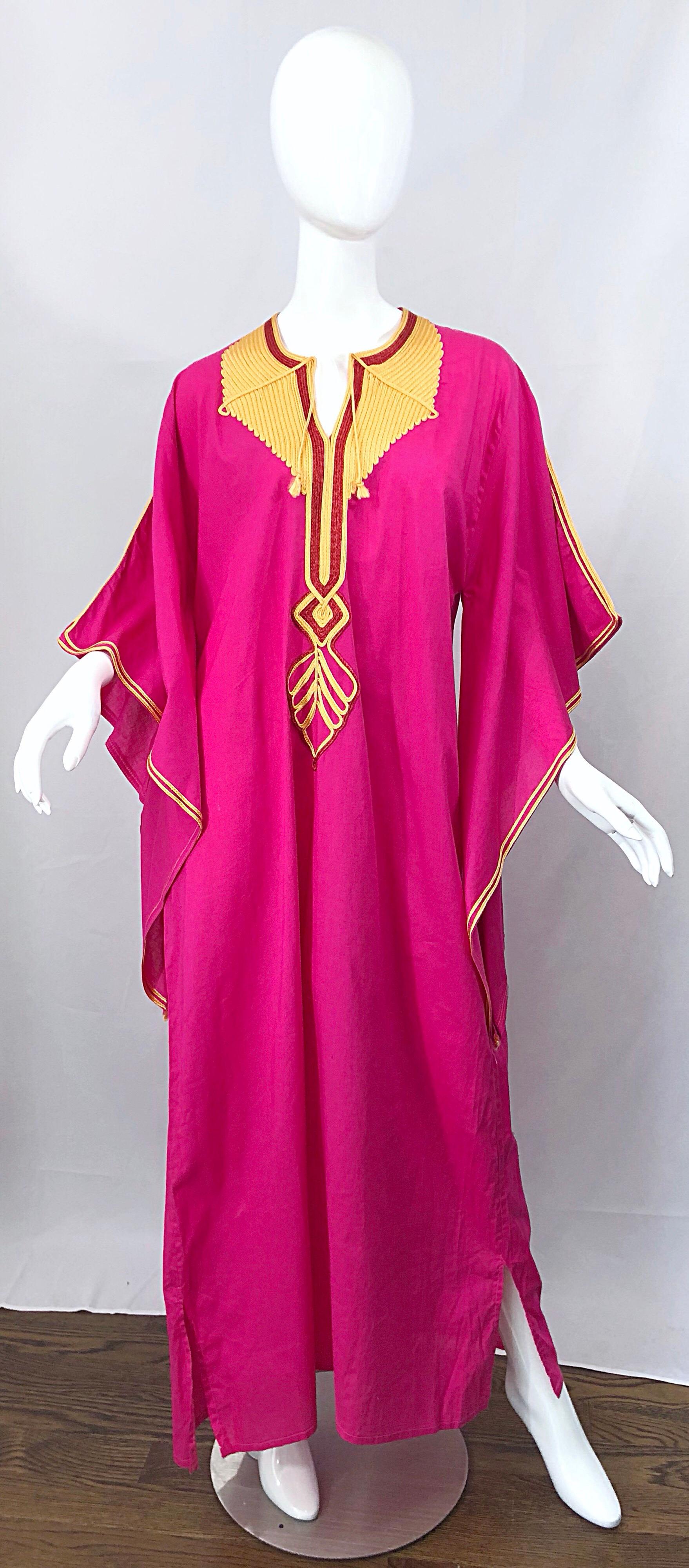 Red Amazing 1970s Hot Pink + Yellow Angel Sleeve Vintage 70s Kaftan Maxi Dress