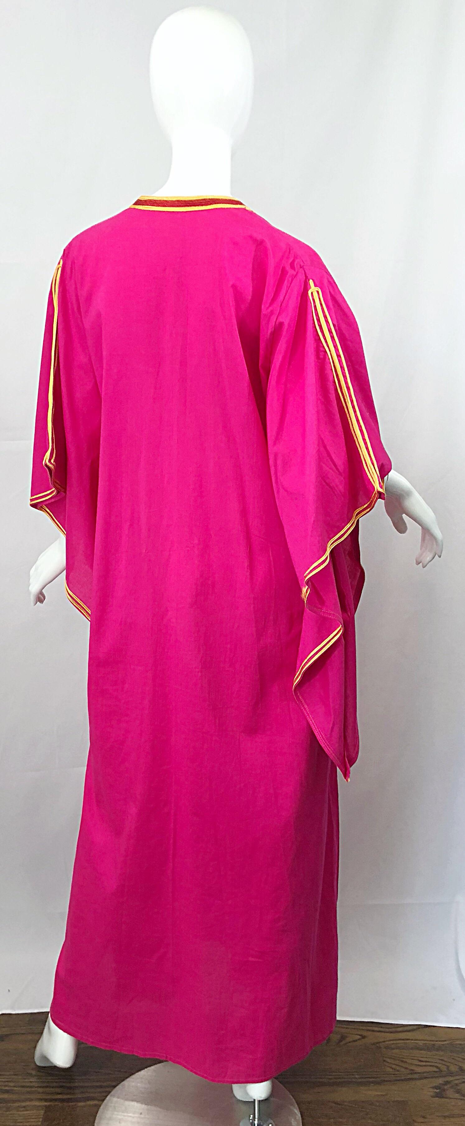 Amazing 1970s Hot Pink + Yellow Angel Sleeve Vintage 70s Kaftan Maxi Dress In Excellent Condition In San Diego, CA